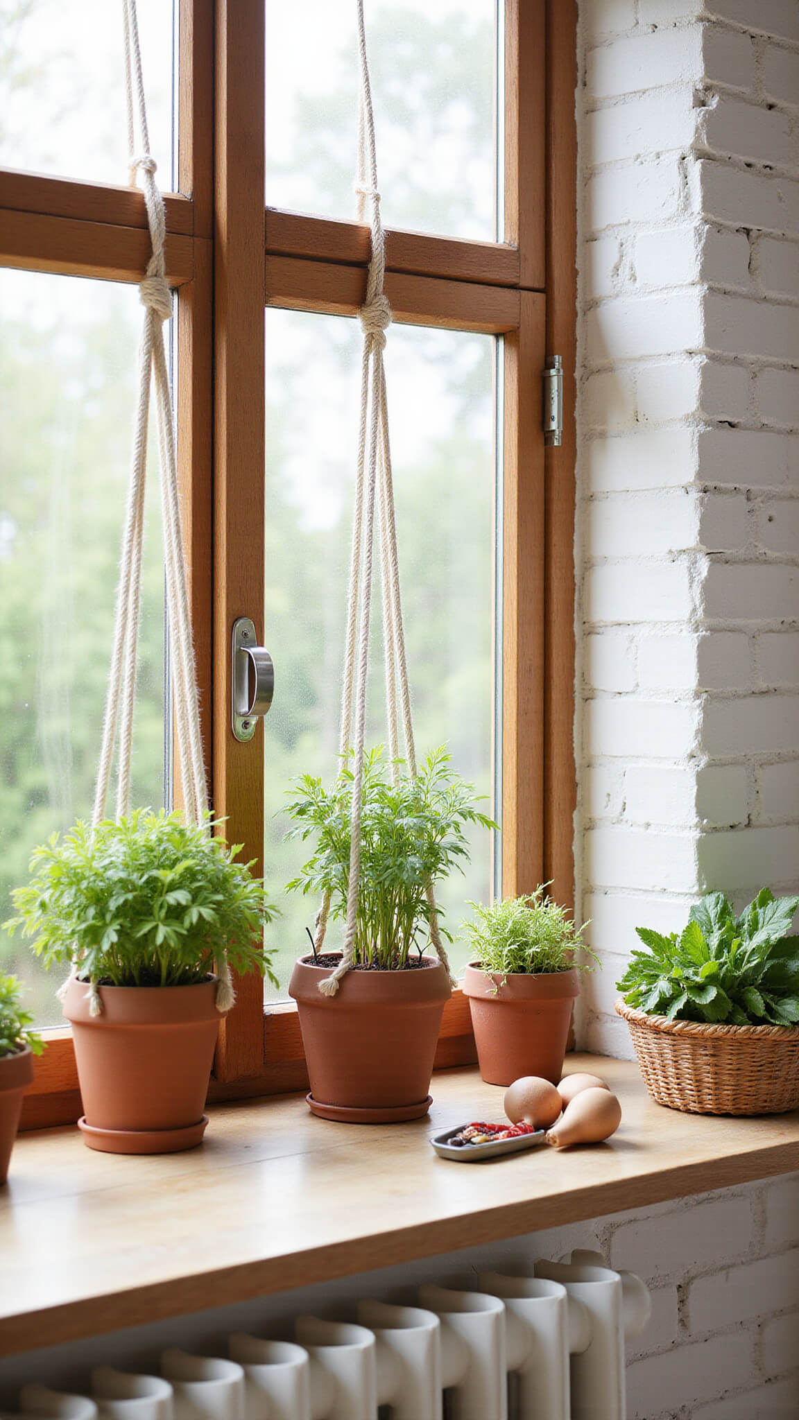 Sunlit kitchen windowsill with terracotta pots of herbs, framed by macramé hangers and whitewashed brick wall, with woven basket of fresh produce below.
