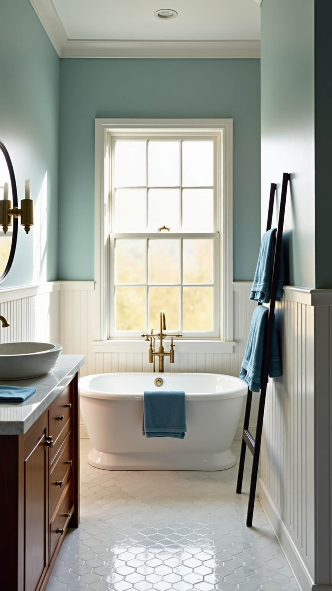 Modern coastal bathroom with seafoam blue walls, freestanding tub, walnut vanity, and natural light streaming through sheer curtains at golden hour.