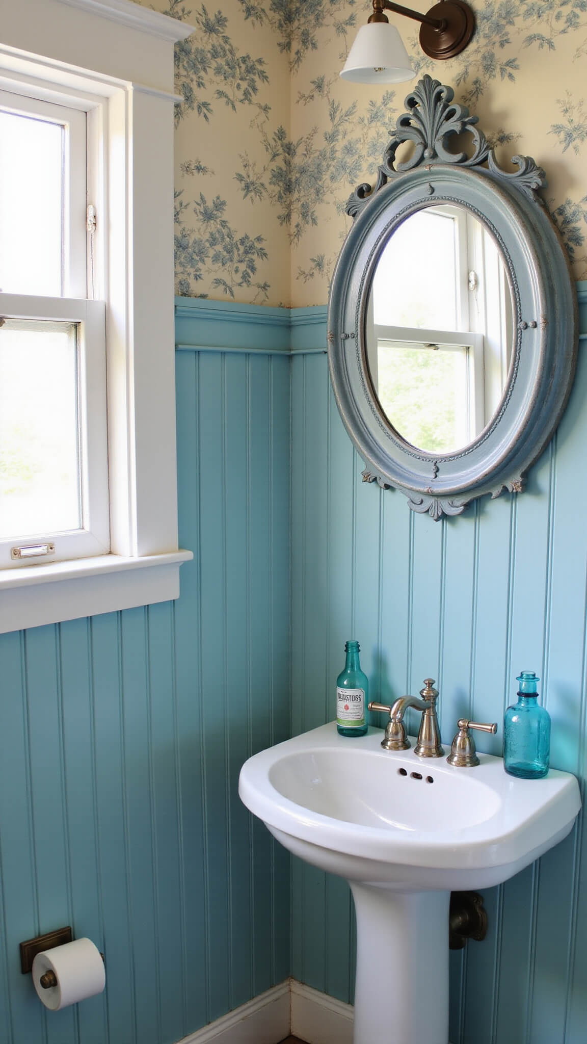 Vintage-inspired powder room with powder blue beadboard walls, pedestal sink, ornate mirror, and floral wallpaper in soft lighting.