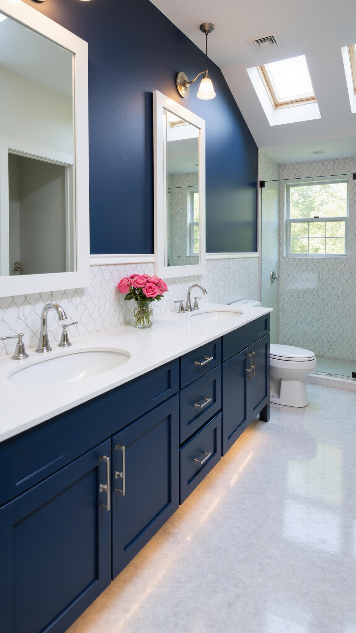 Modern navy bathroom with geometric white tile accent wall, double vanity, navy cabinets, quartz countertops, and skylight lighting.