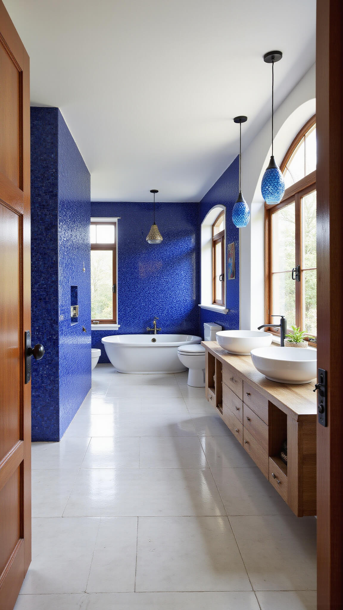 Mediterranean-style bathroom with cobalt blue zellige tile shower, arched windows, white limestone floor, floating oak vanity with vessel sinks, and blue glass pendant lighting.