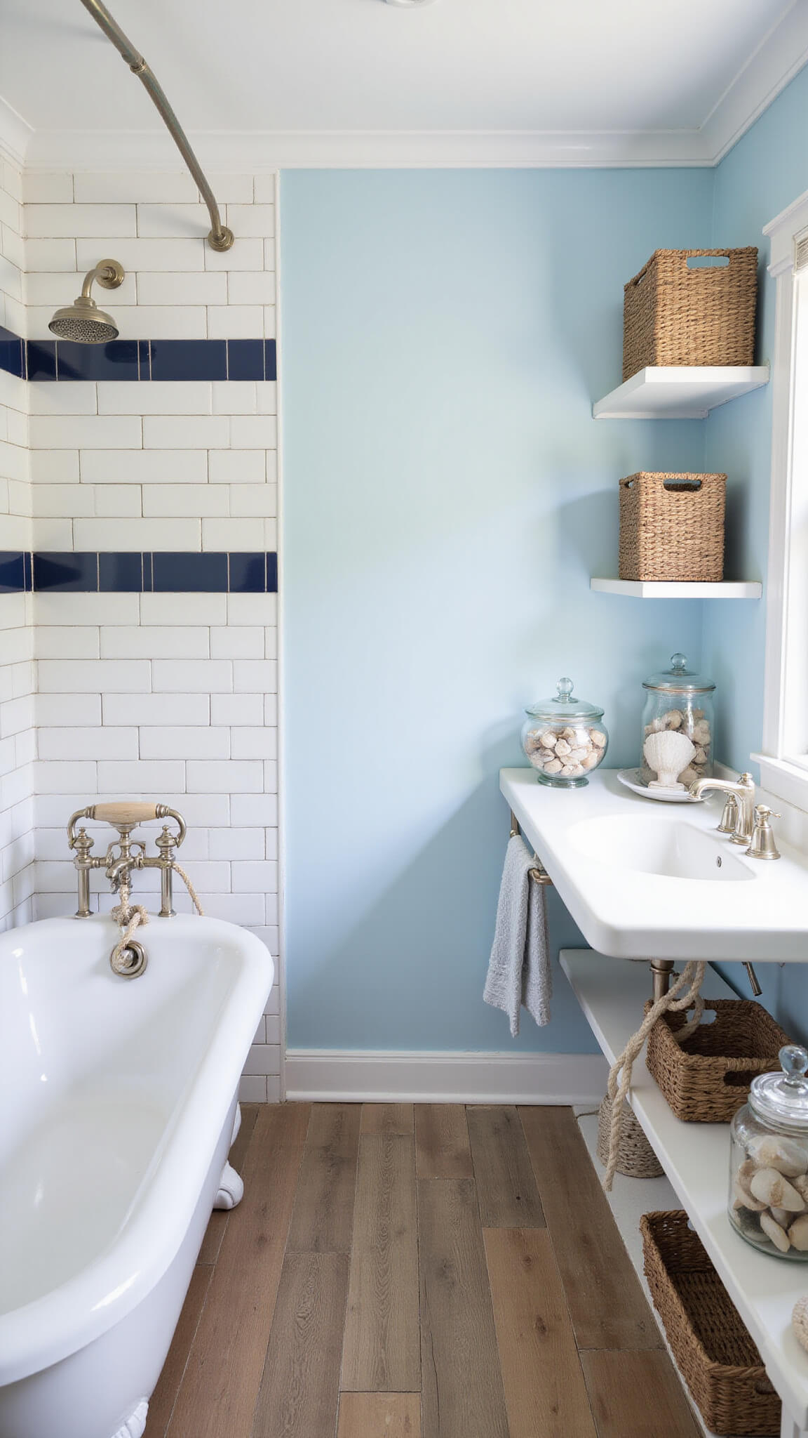 Coastal cottage bathroom with sky blue shiplap walls, clawfoot tub, oak flooring, nautical decor, and diffused natural light.