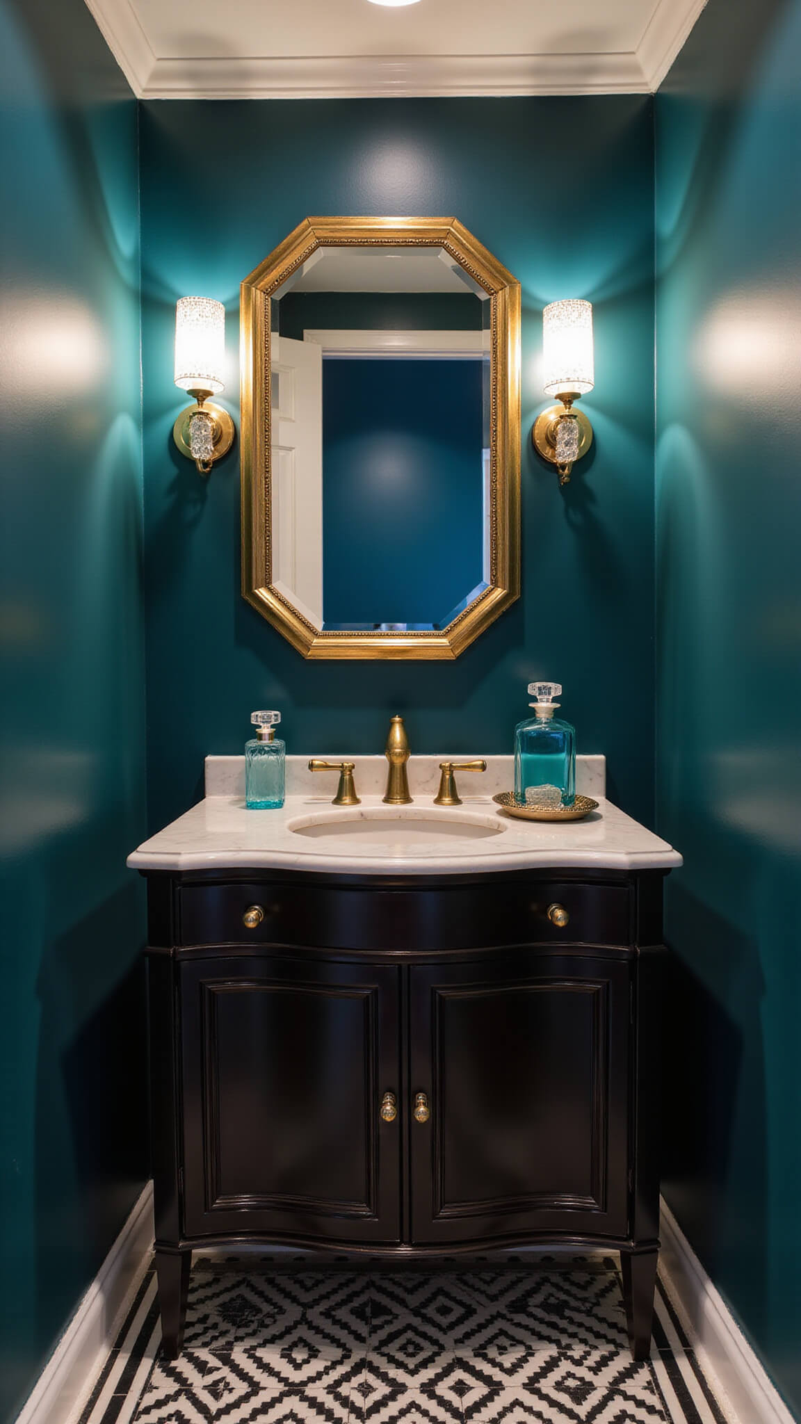 Elegant Art Deco bathroom with teal walls, black and white geometric floor tiles, gold-framed octagonal mirror, crystal sconces, and marble vanity under warm, dim lighting.