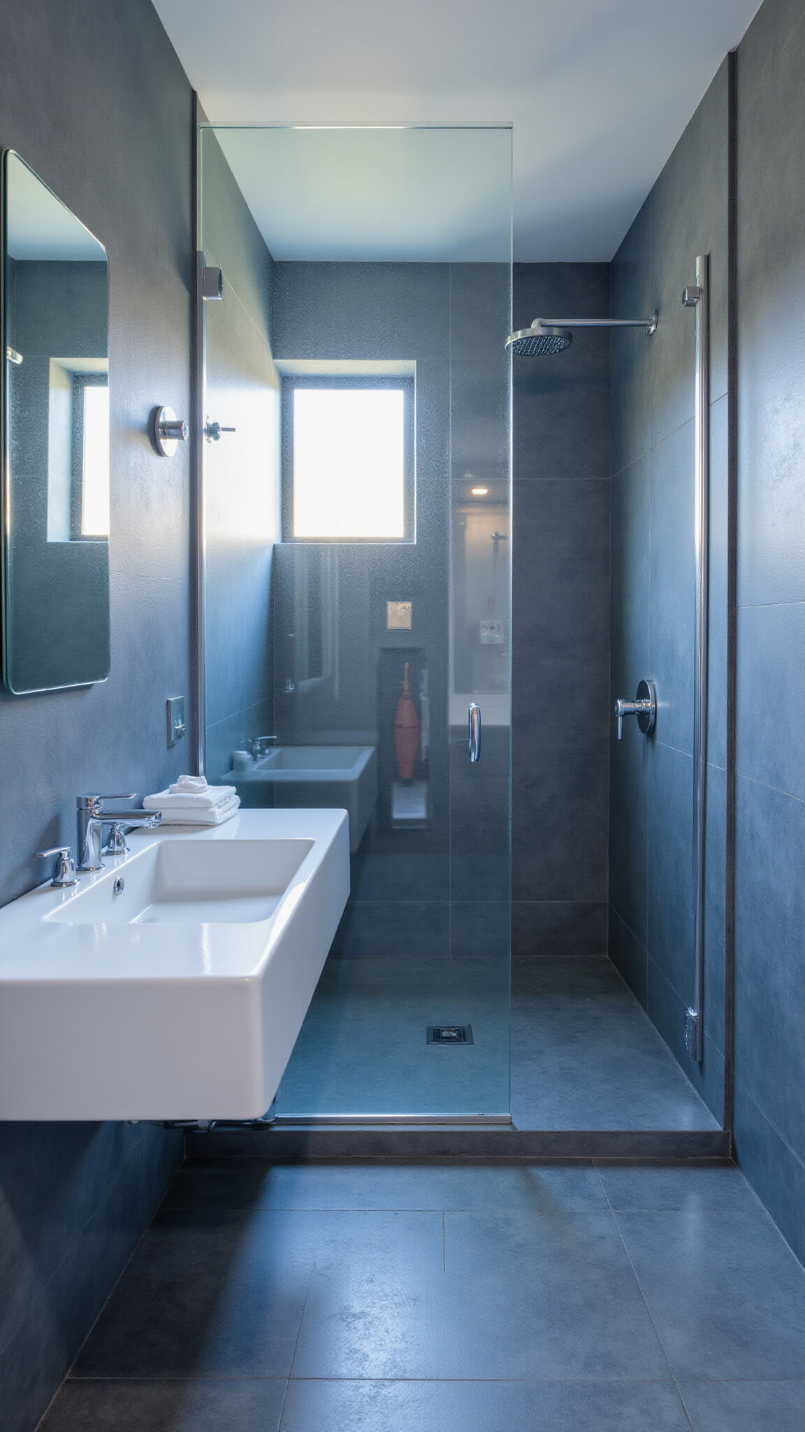 Contemporary blue minimalist bathroom with white floating fixtures, slate blue porcelain walls, and natural light from a horizontal window.