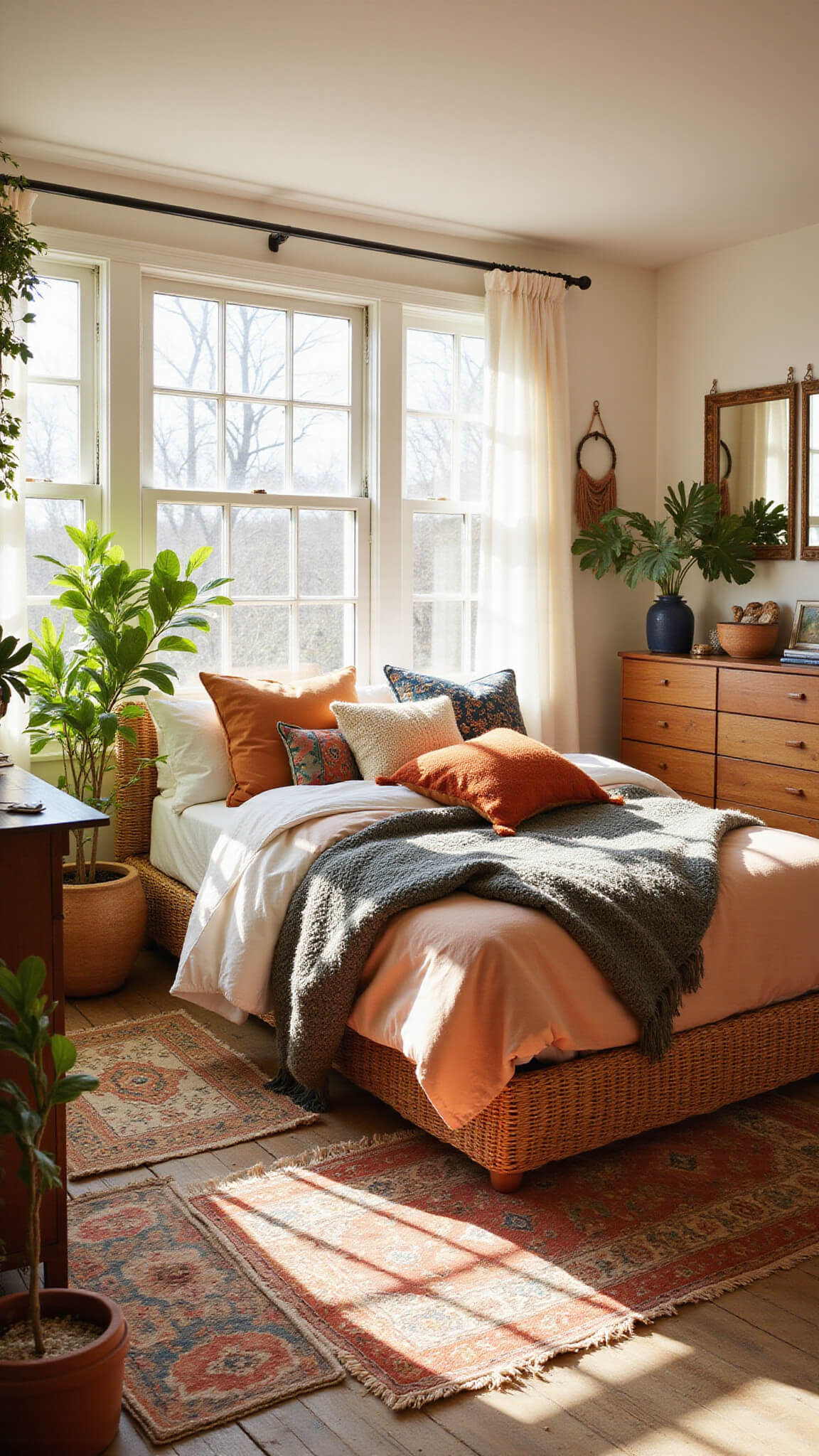 Sunlit bohemian bedroom with rattan bed, layered earth-tone linens, vintage Persian rugs, teak dresser, brass mirrors, hanging plants, and macramé accents.