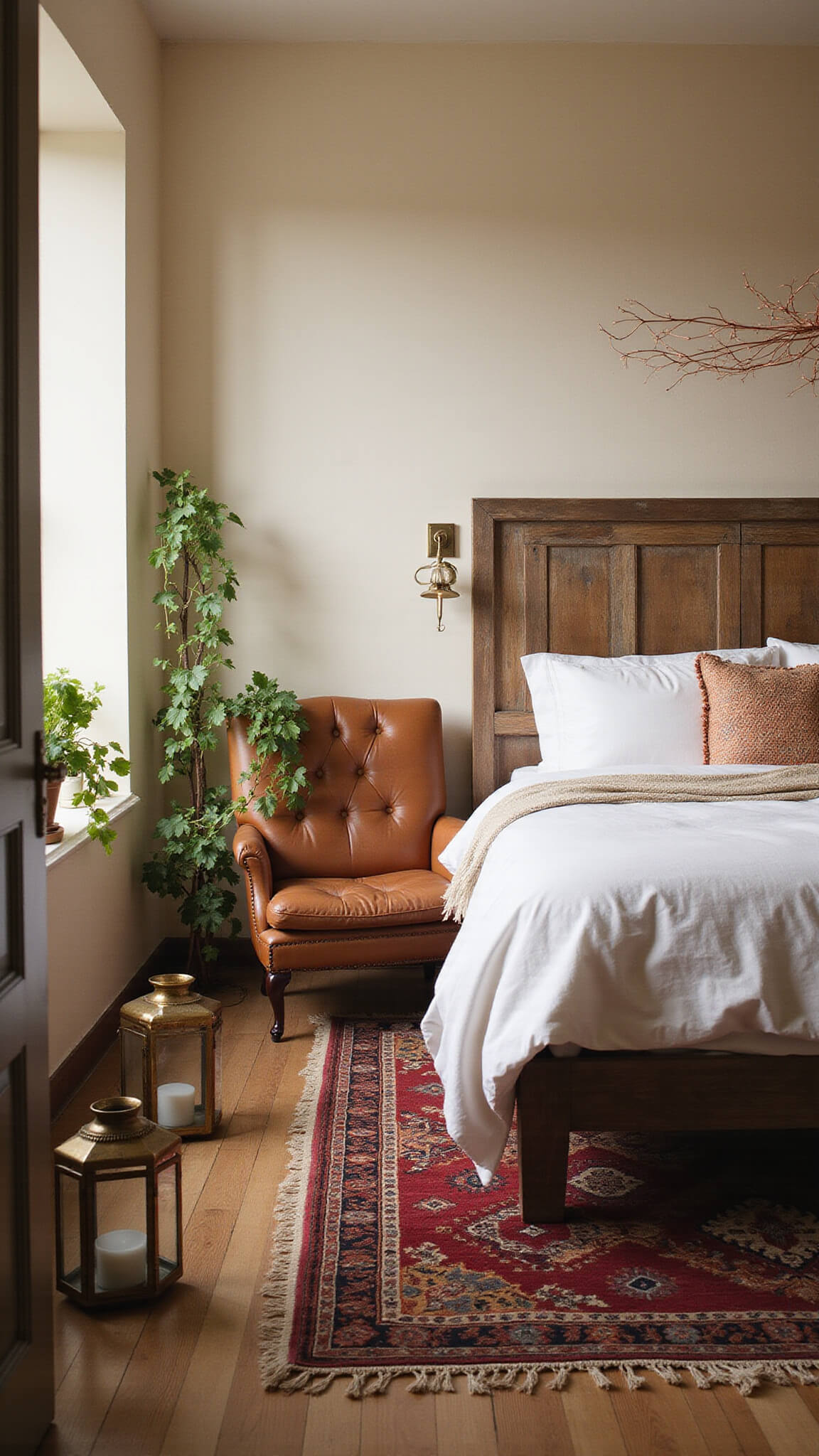 Boho bedroom with reclaimed wood bed, white linens, layered rugs, plants, and vintage lighting in soft dawn light.