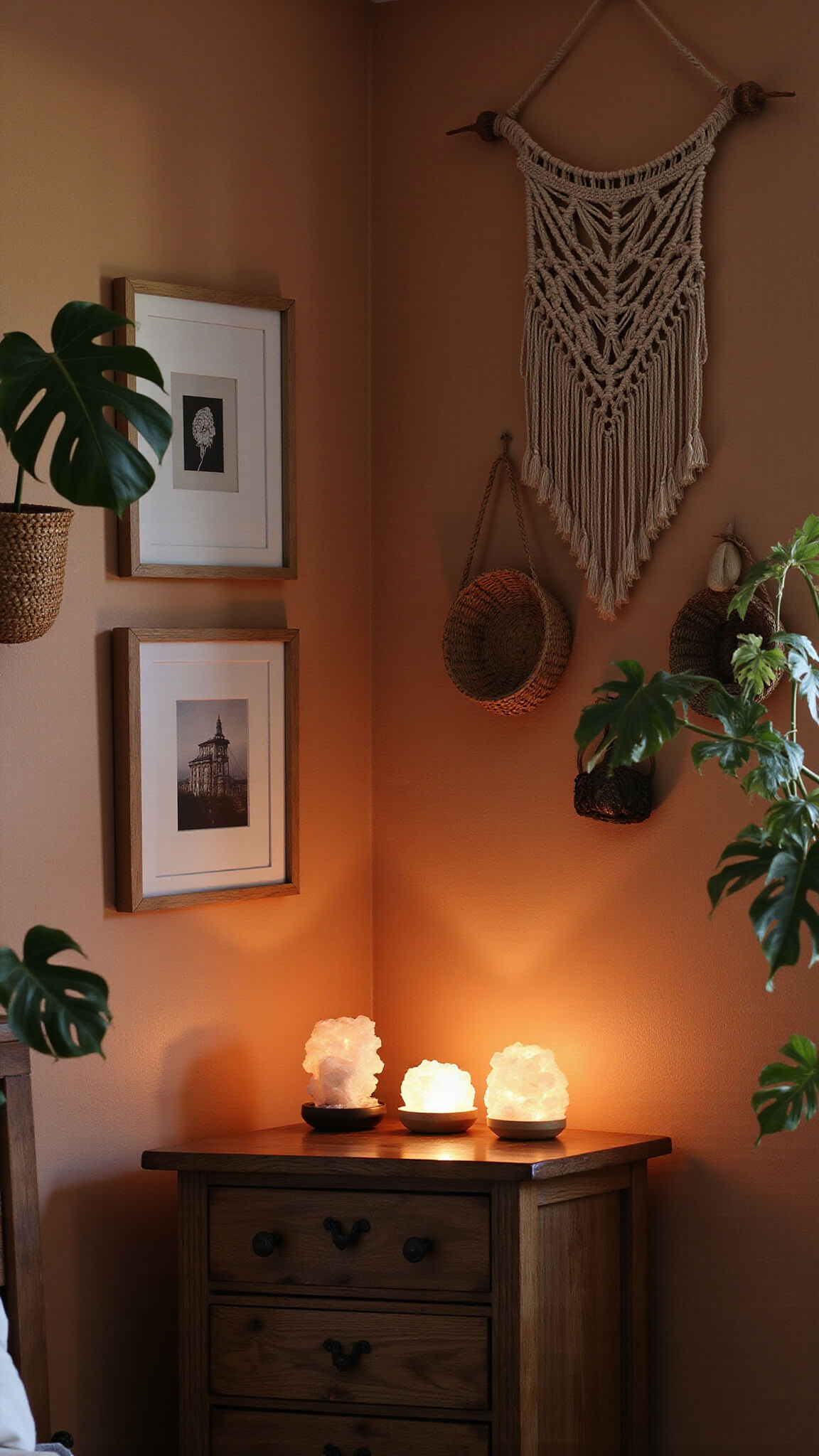 Boho bedroom corner at dusk with glowing salt lamps, crystal collection, macramé wall hanging, vintage art, woven baskets, and dramatic monstera leaf shadows.