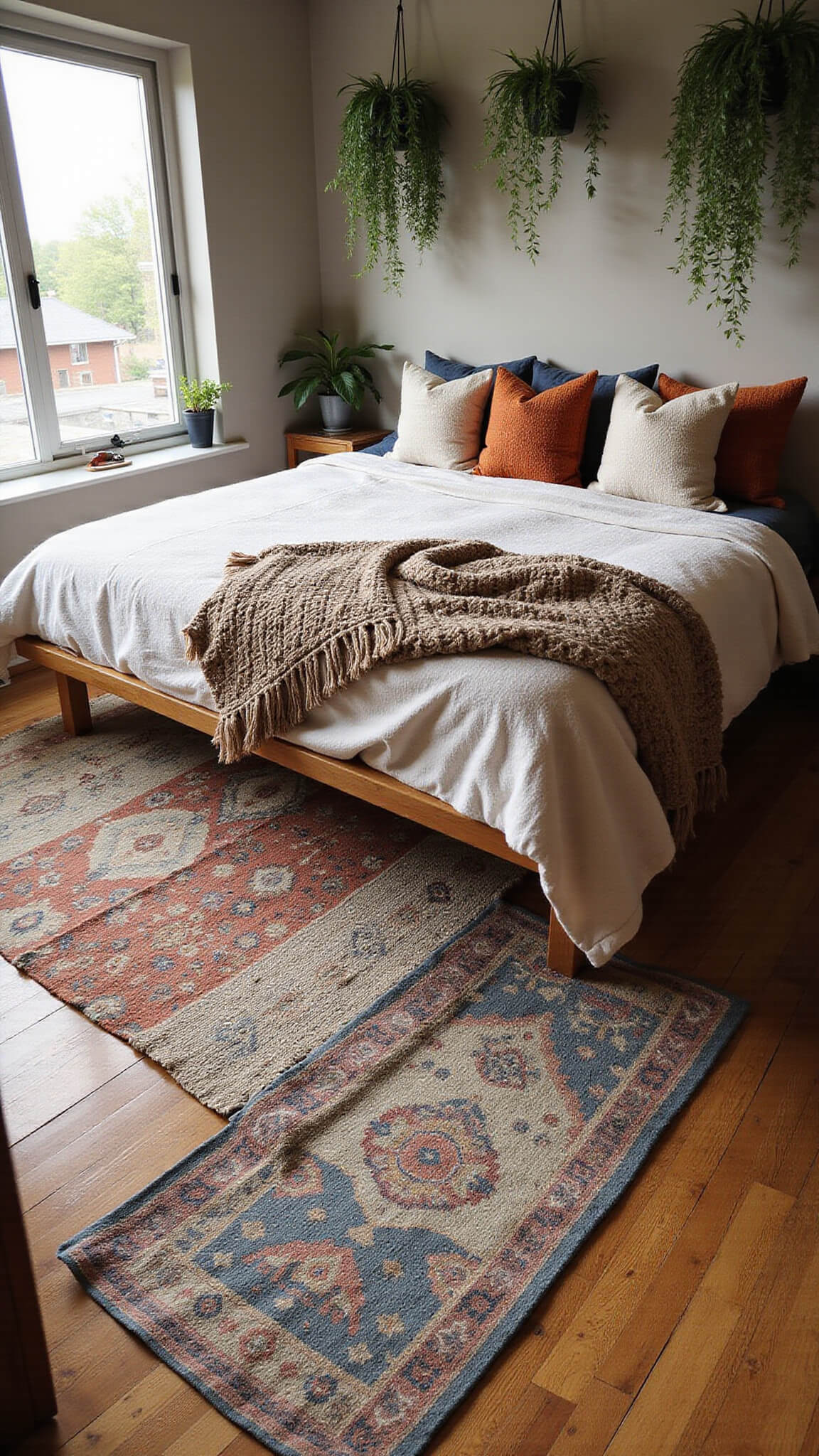 High-angle view of cozy 16x18ft bedroom with patterned pillows, layered vintage rugs, chunky knit throws, and hanging plants in natural late afternoon light.