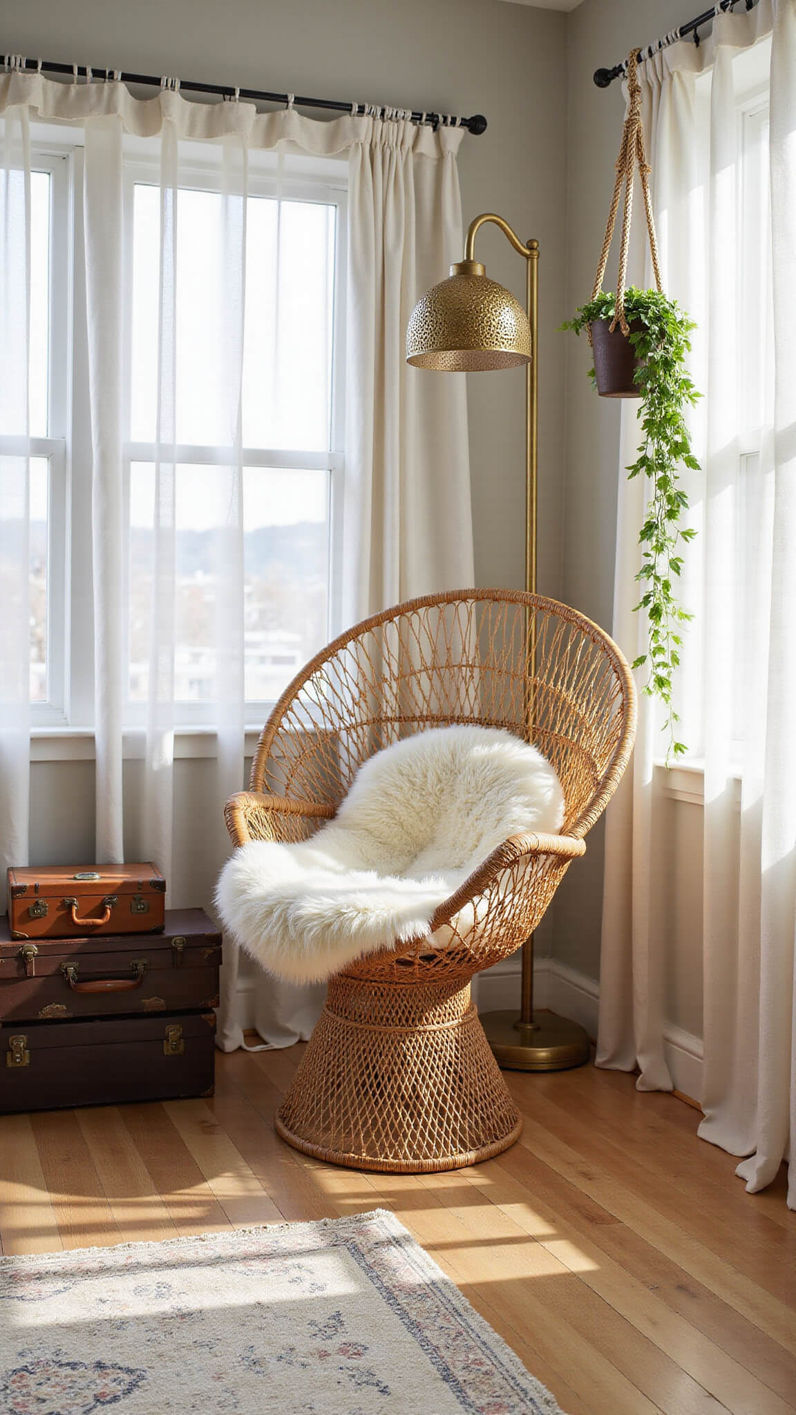 Eye-level view of cozy reading nook with rattan peacock chair, cream sheepskin, vintage suitcases, hanging pothos, and Moroccan lamp in sunlit bedroom corner.