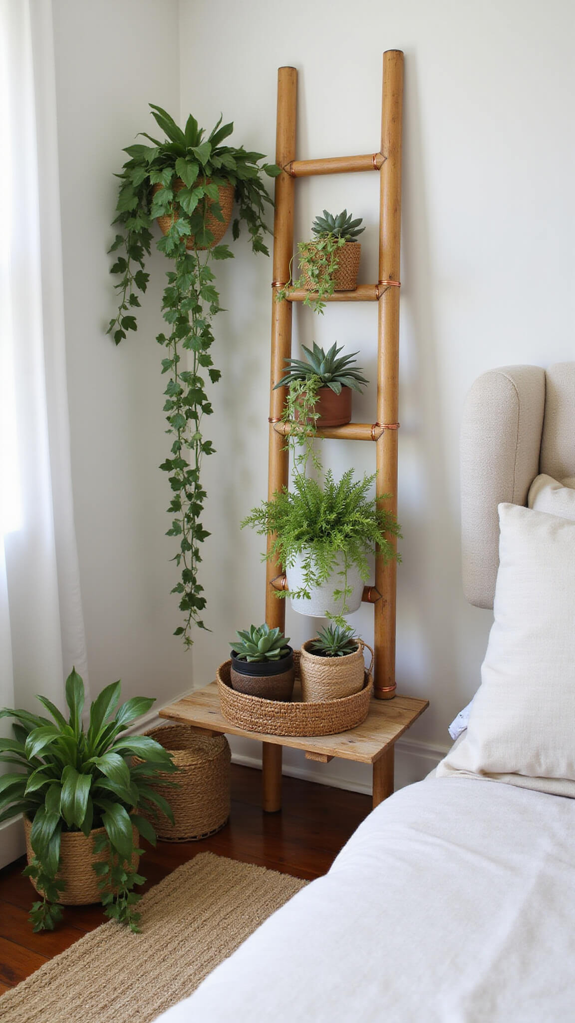 Macro shot of a boho bedroom plant corner with bamboo stand, trailing ivy, woven baskets, and copper lights in soft natural light.