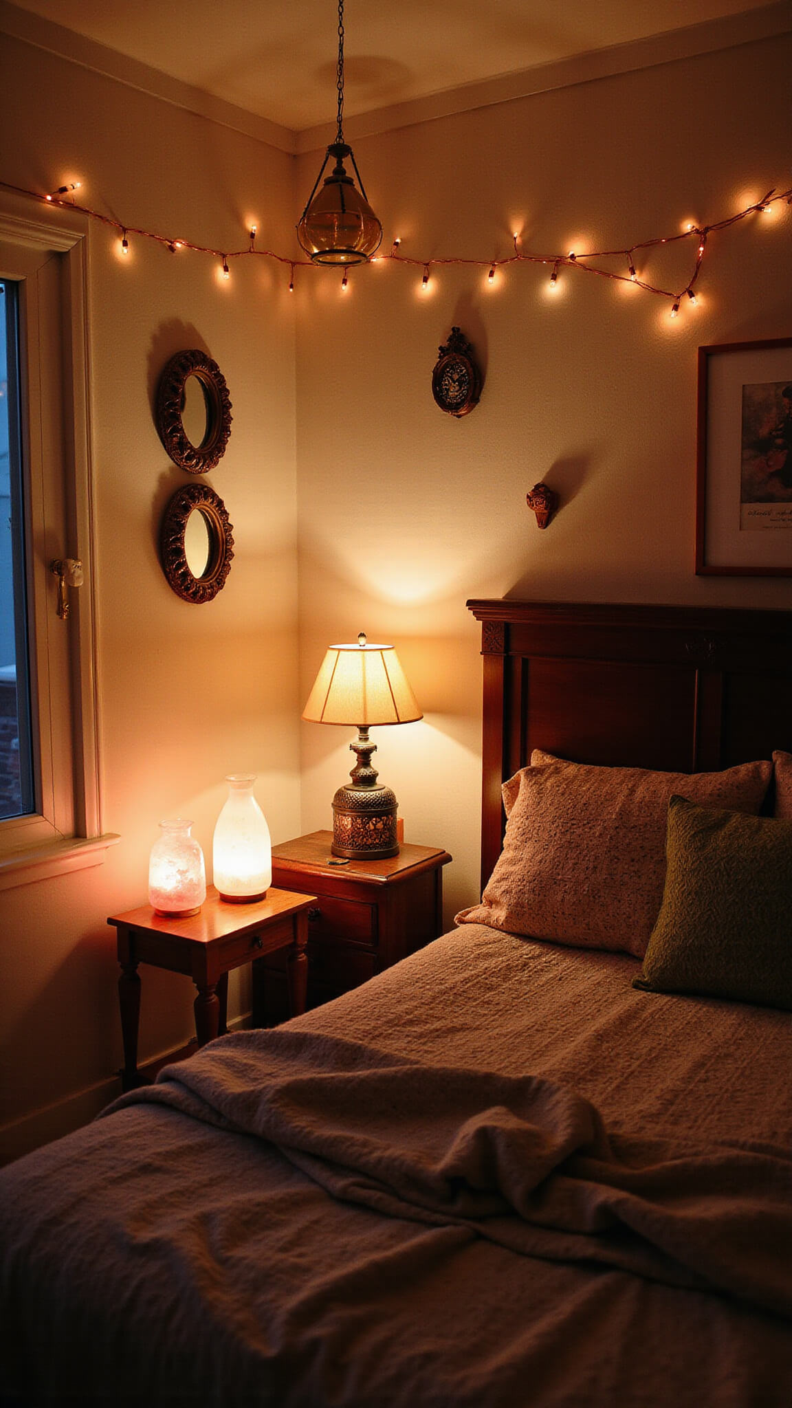 Warmly lit 15x17ft bedroom with Moroccan lanterns, copper string lights, vintage table lamps, and salt lamps casting a magical glow on alabaster walls and textiles.