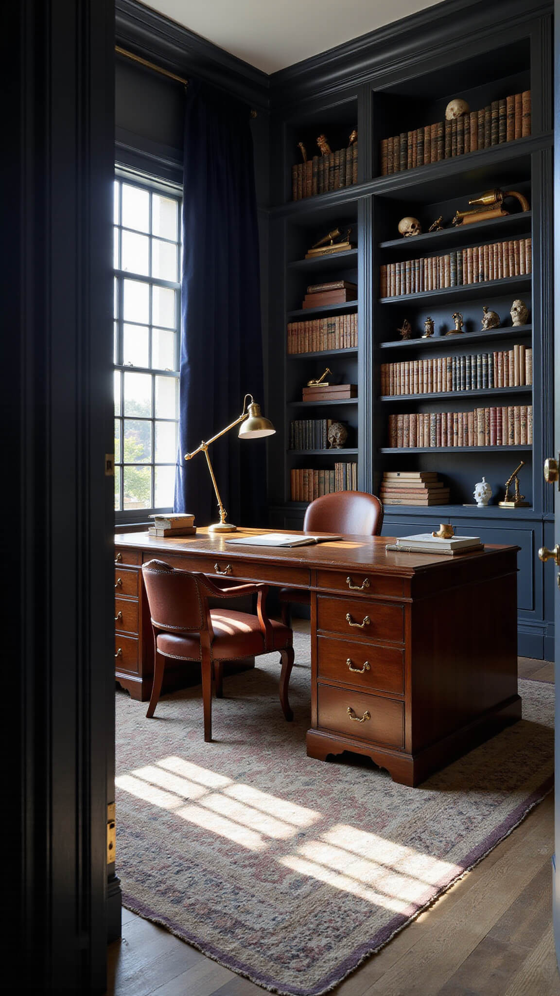 Moody study with dark navy walls, a large mahogany desk, vintage artifacts on built-in shelves, and dramatic lighting from windows and brass lamp.