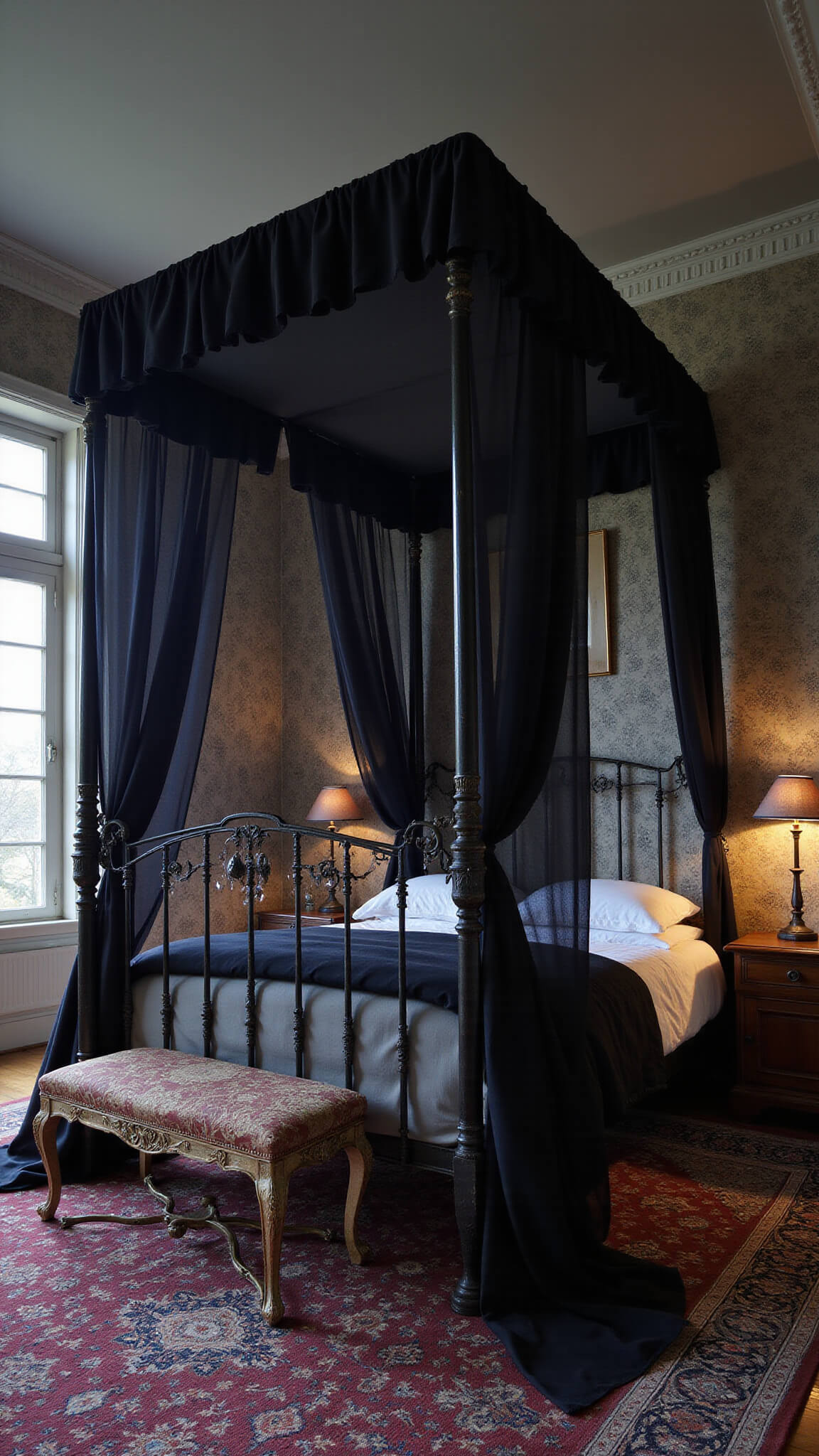 Moody master bedroom at dusk with iron canopy bed, sheer black linens, vintage burgundy Persian rug, silver candelabras, and tray ceiling painted dark blue.