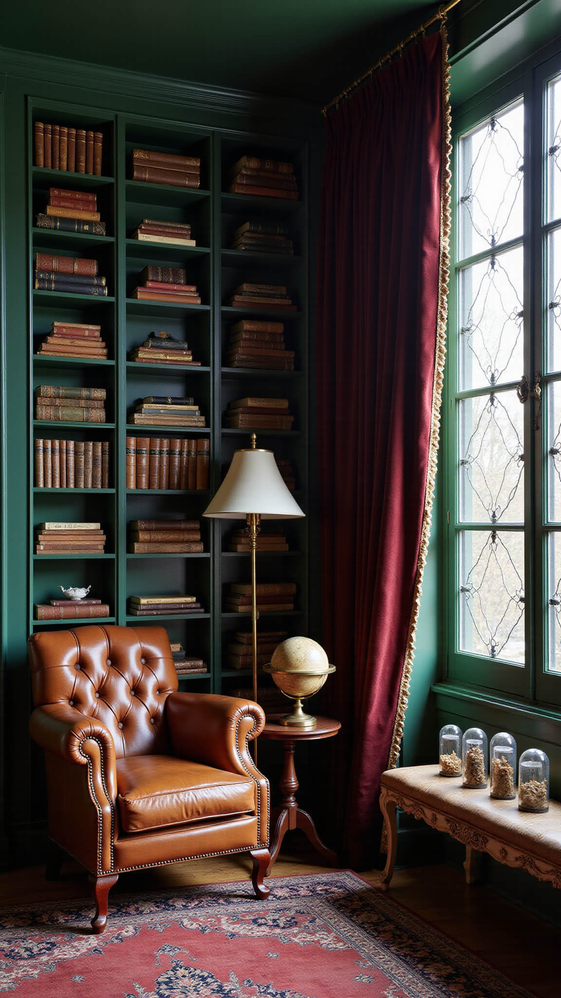 Victorian-style library corner with dark wood shelves, forest green walls, leather Chesterfield armchair under brass lamp, vintage globe, velvet curtains, and dried herbs in glass cloches.