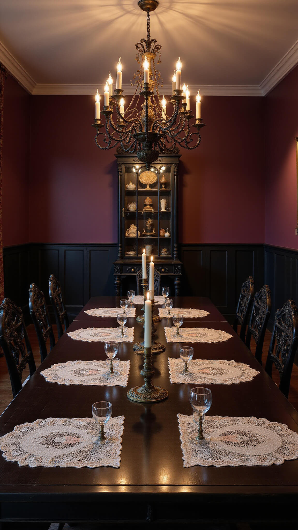 Gothic-inspired dining room at twilight with dark plum walls, black oak table, baroque chandelier, and cabinet of curiosities, lit by taper candles.