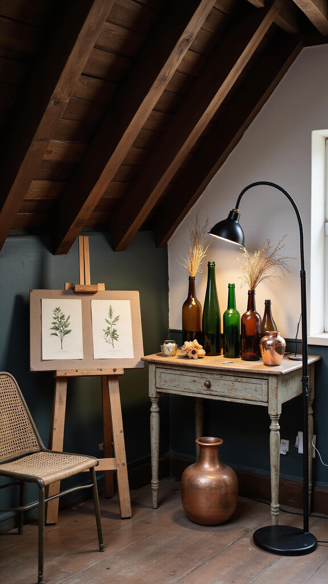 Art studio in attic with exposed dark beams, vintage easel displaying botanical prints, glass bottles catching light, task lamp over workspace, and dried flowers in copper vases.