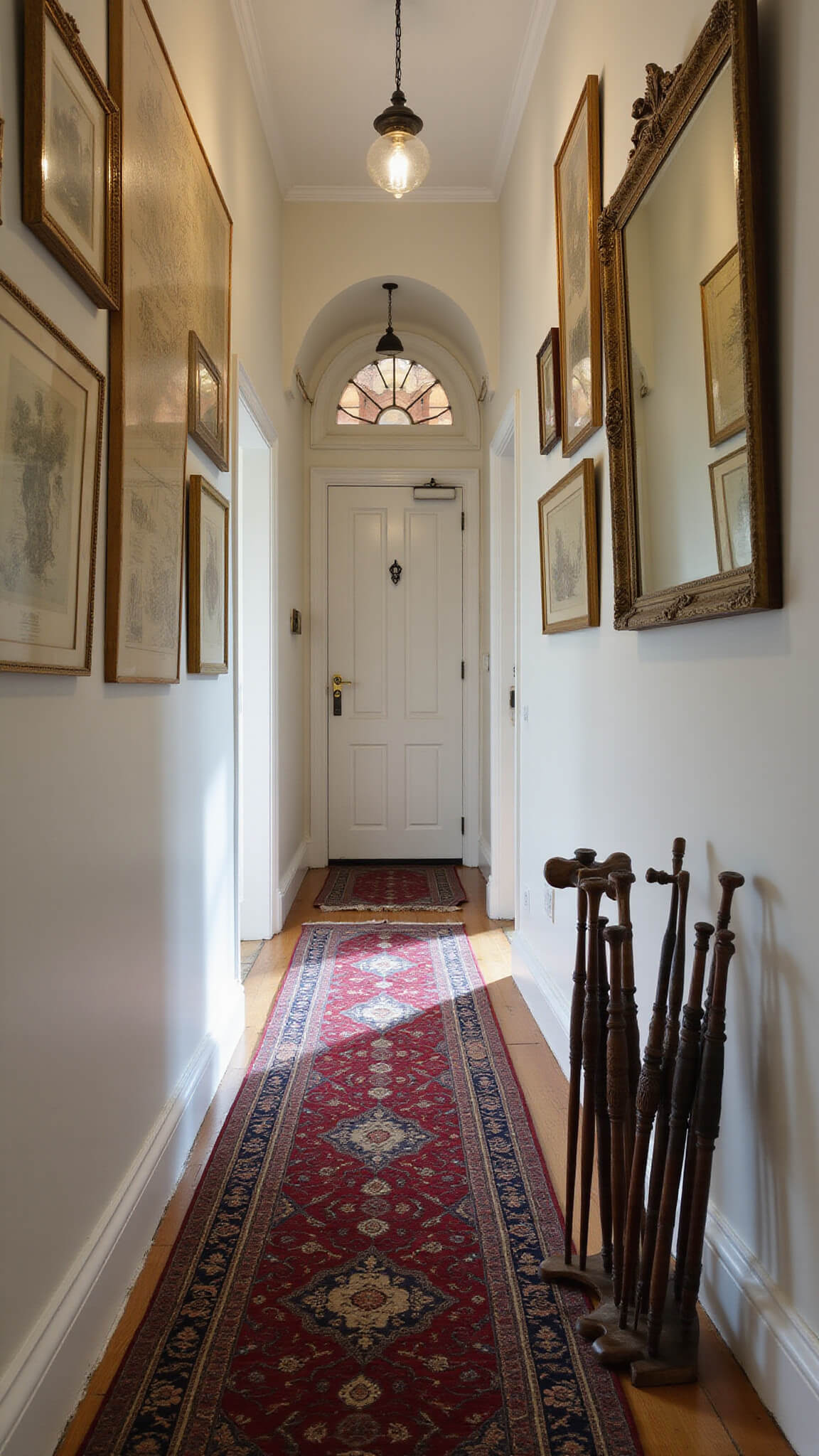 Low-angle view of a moody entrance hallway with antique map and anatomical drawing gallery wall in brass frames, gothic-arched mirror reflecting black iron sconces, worn jewel-toned oriental runner, and umbrella stand with carved walking sticks.