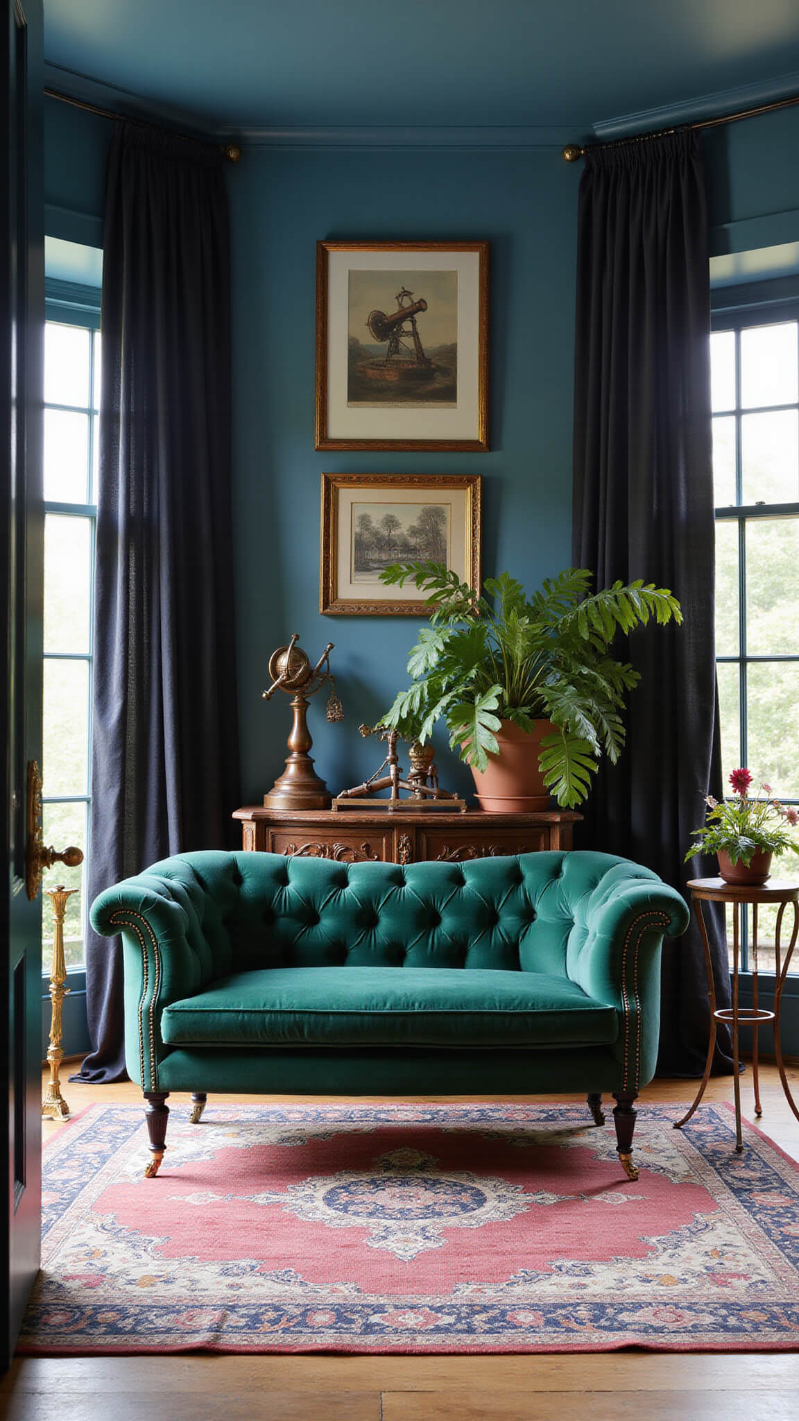 Conservatory-style sitting room with emerald velvet settee, midnight blue walls, copper plant stands, and antique rug; French doors reveal indoor-outdoor flow in mysterious afternoon light.