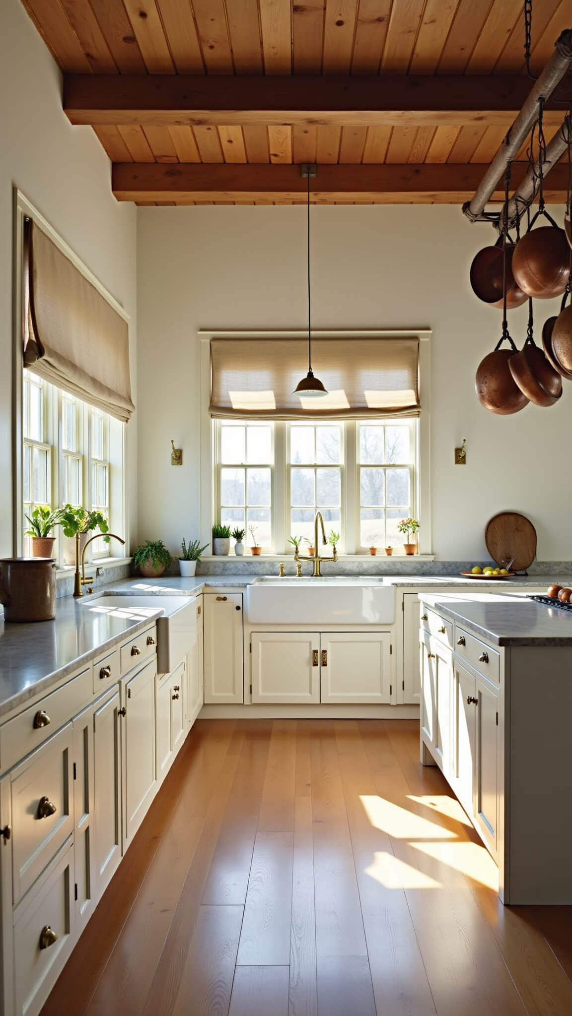 Sunlit farmhouse kitchen with white cabinets, exposed wooden beams, marble countertops, and vintage copper pots at golden hour.