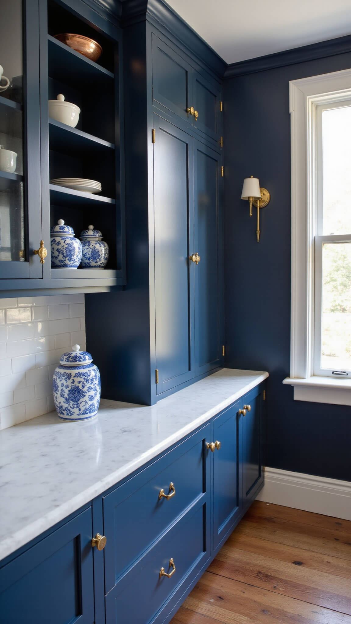 Moody farmhouse butler's pantry with Sherwin-Williams Naval walls, white ironstone in glass cabinets, marble countertop with ginger jars, and brass sconces in late afternoon light.