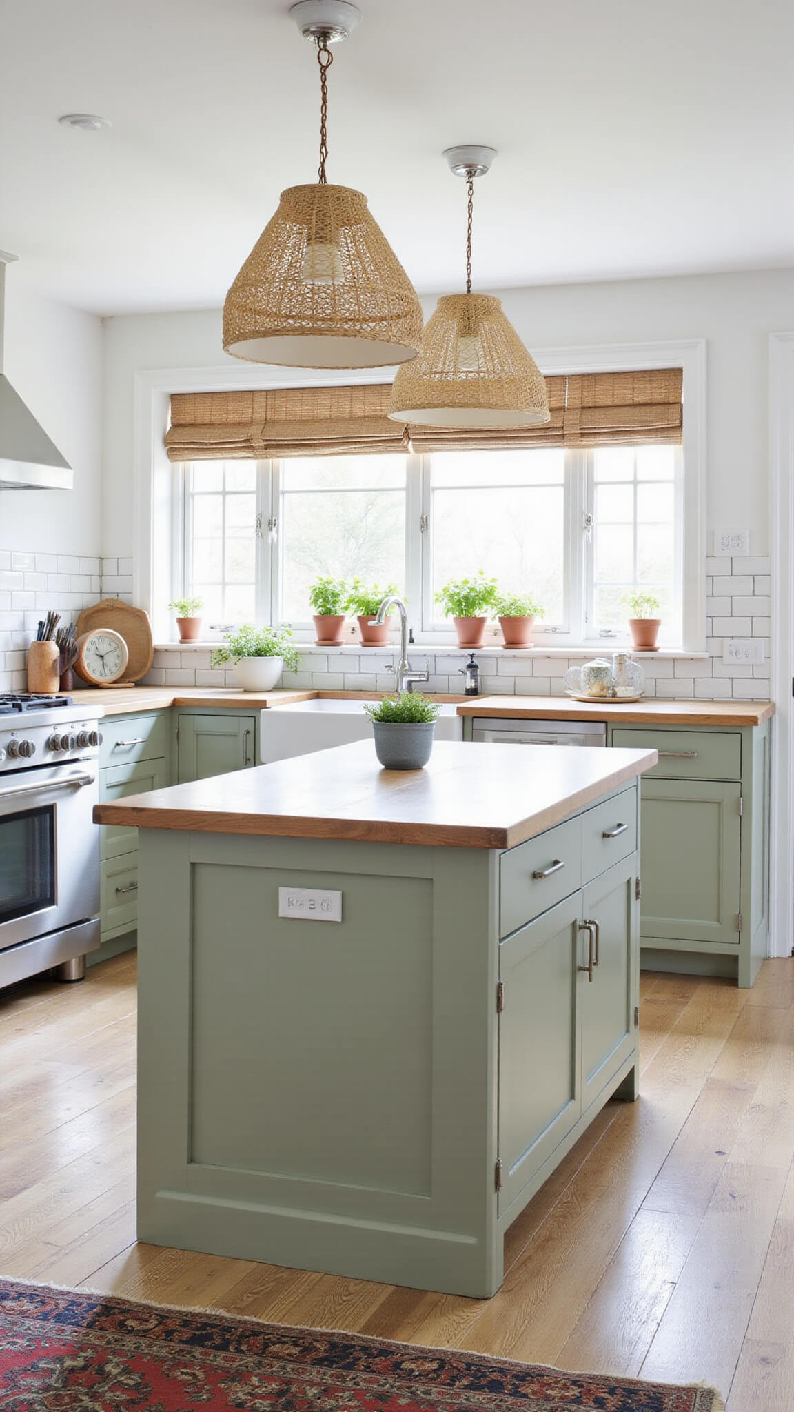 Bright white kitchen with sage green island, butcher block top, rattan pendants, white subway tile backsplash, woven blinds, and vintage rug on whitewashed oak floors.