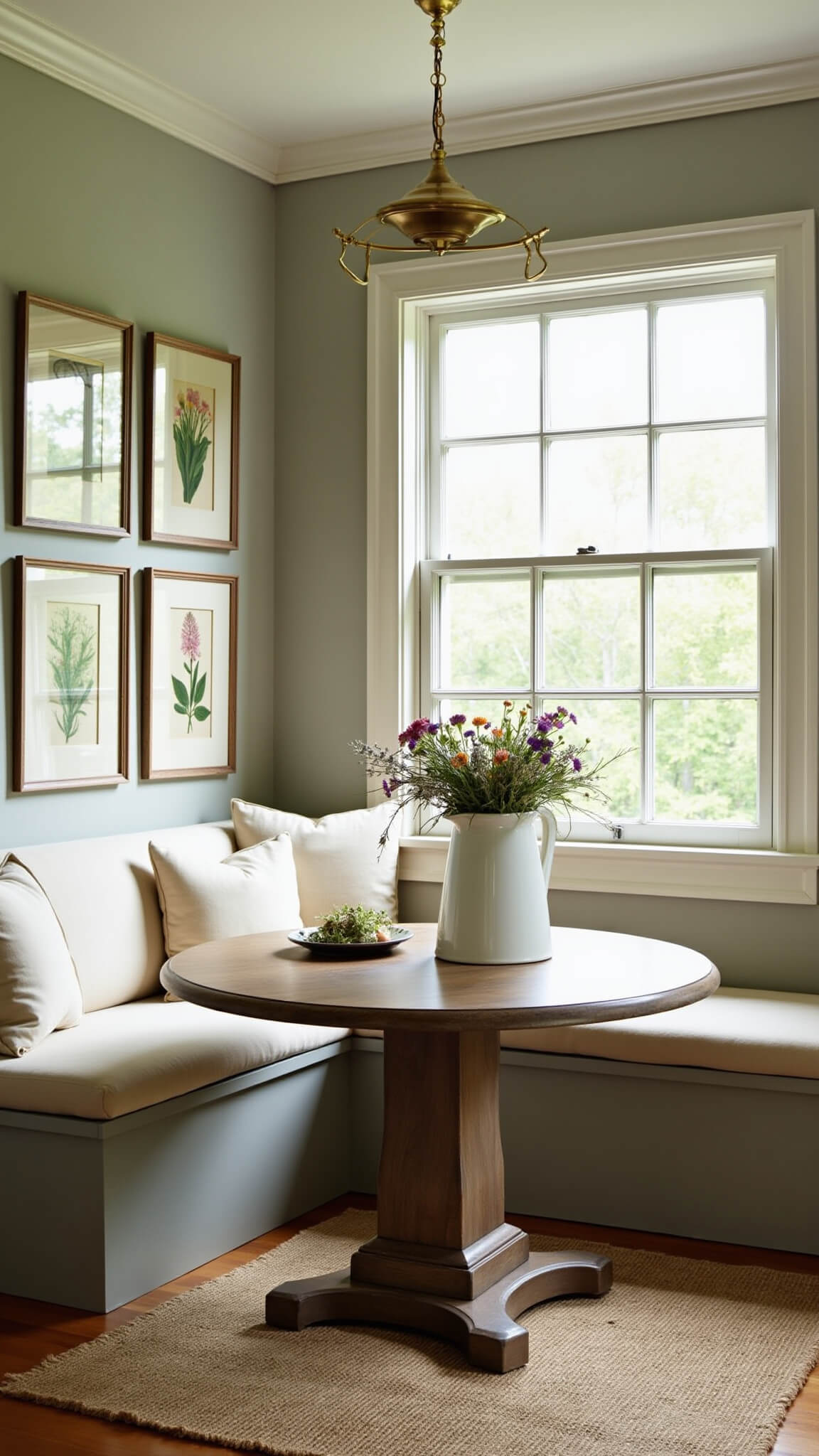 Cozy breakfast nook with built-in banquette, round oak table, wildflowers in ceramic pitcher, and vintage botanical gallery wall in morning light.