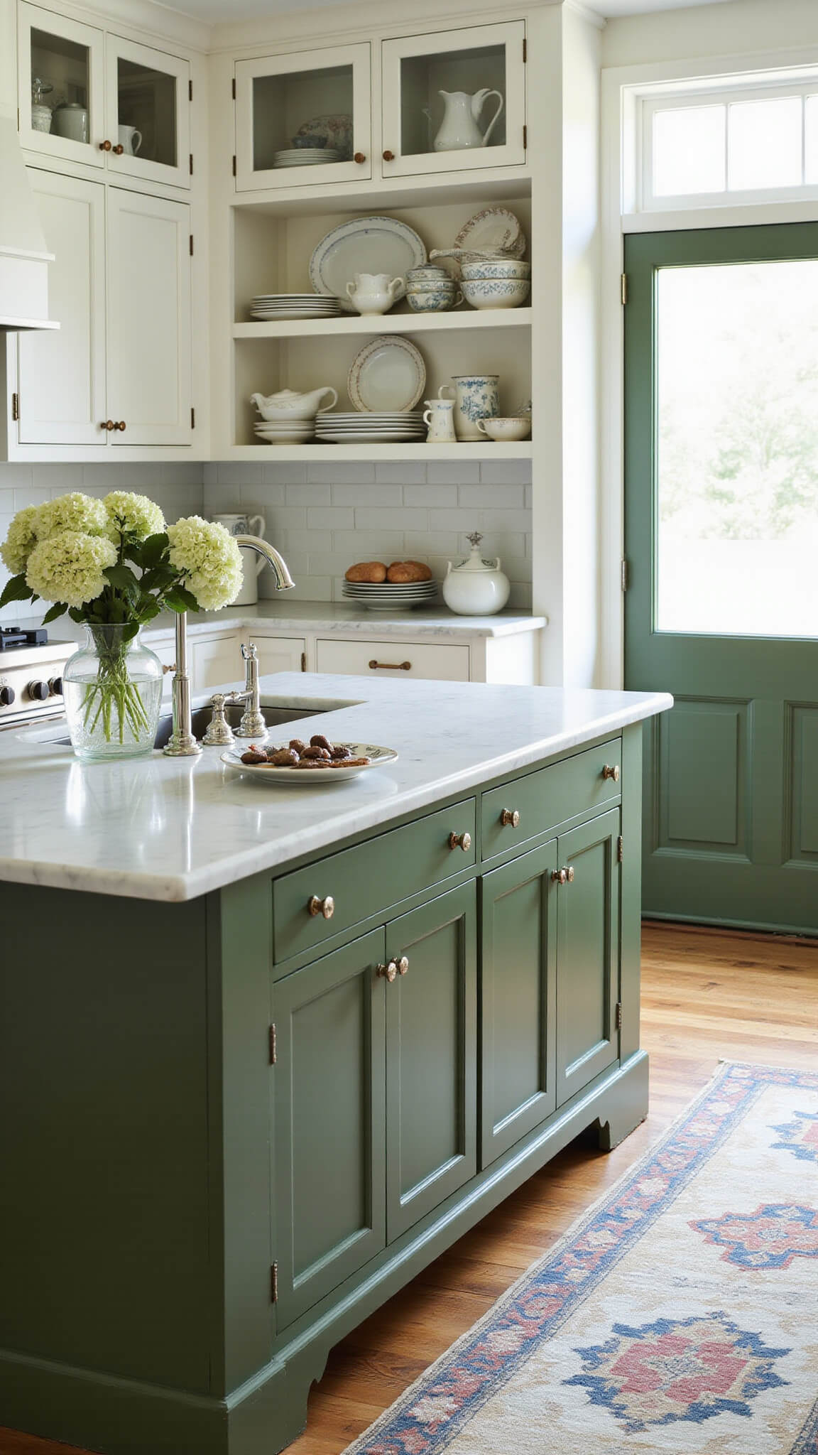 Overhead view of a farmhouse kitchen with Olive Branch green island, white cabinets, Carrara marble countertops, and vintage runner leading to a matching green Dutch door.