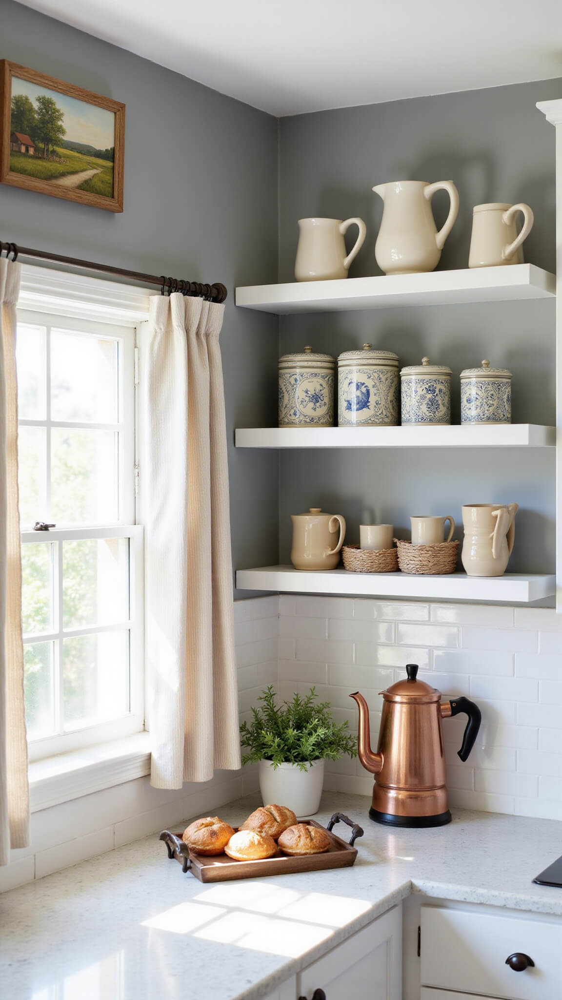Close-up of a farmhouse coffee station with vintage tins, ironstone mugs, copper coffee maker, and pastries on a marble counter in soft morning light.