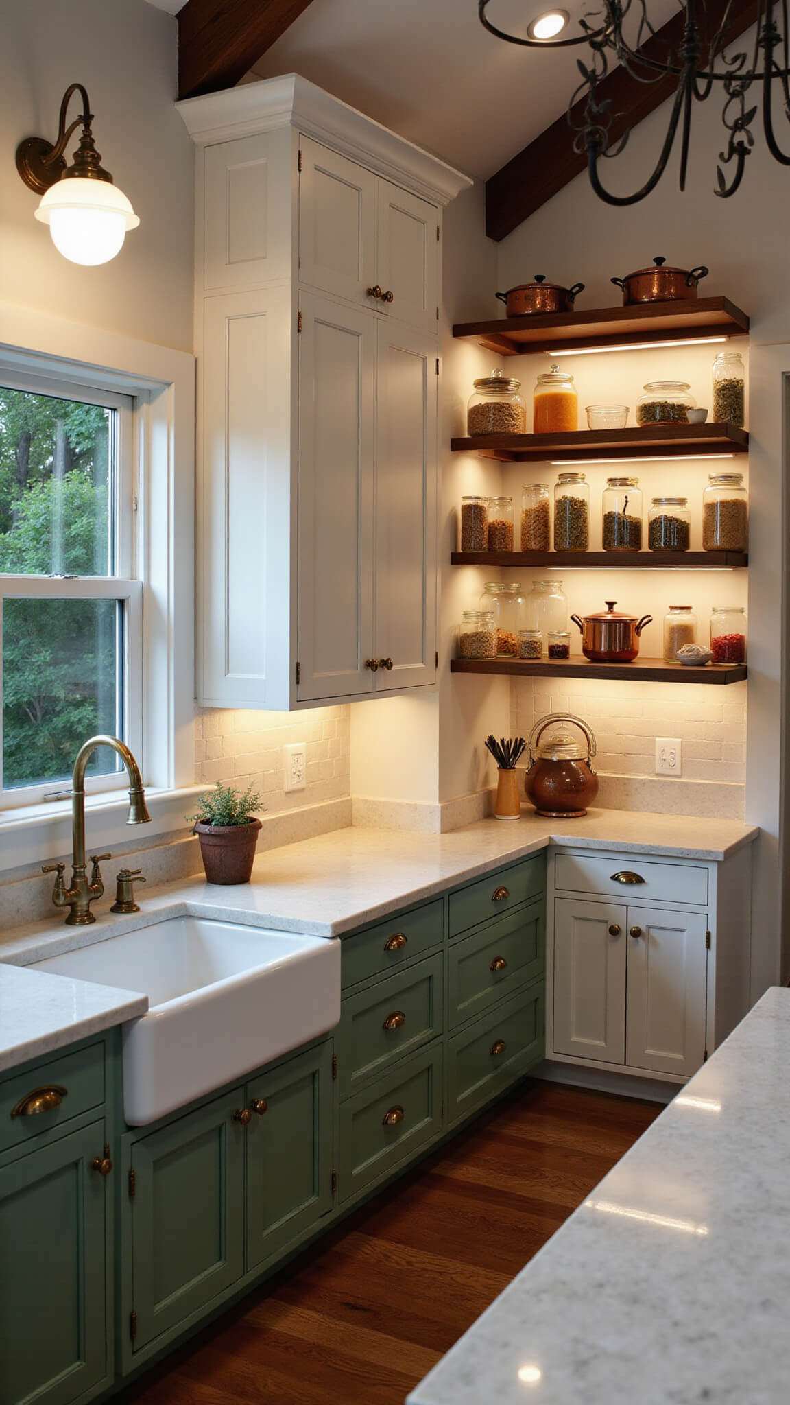 Twilight kitchen with green lower and white upper cabinets, vintage pendant lights, marble counters, brass fixtures, illuminated glass-door pantry, open shelving with antique copper cookware, white farmhouse sink, and black iron pot rack.