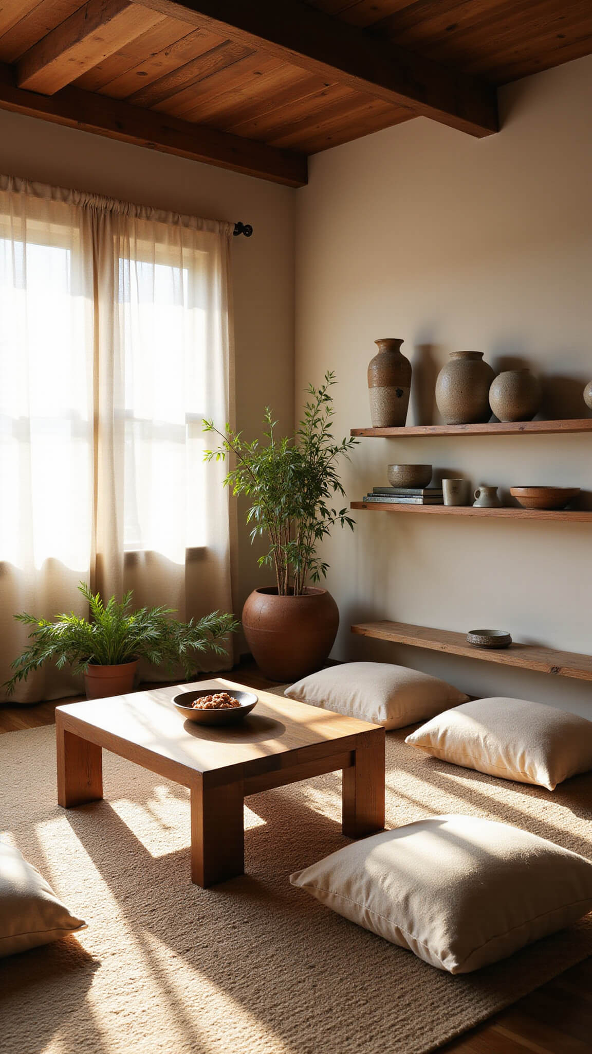 Sunlit 12x15ft living room with exposed beams, vintage walnut coffee table, linen floor cushions, kintsugi ceramics on wooden shelves, bamboo and pothos plants, and warm natural tones.