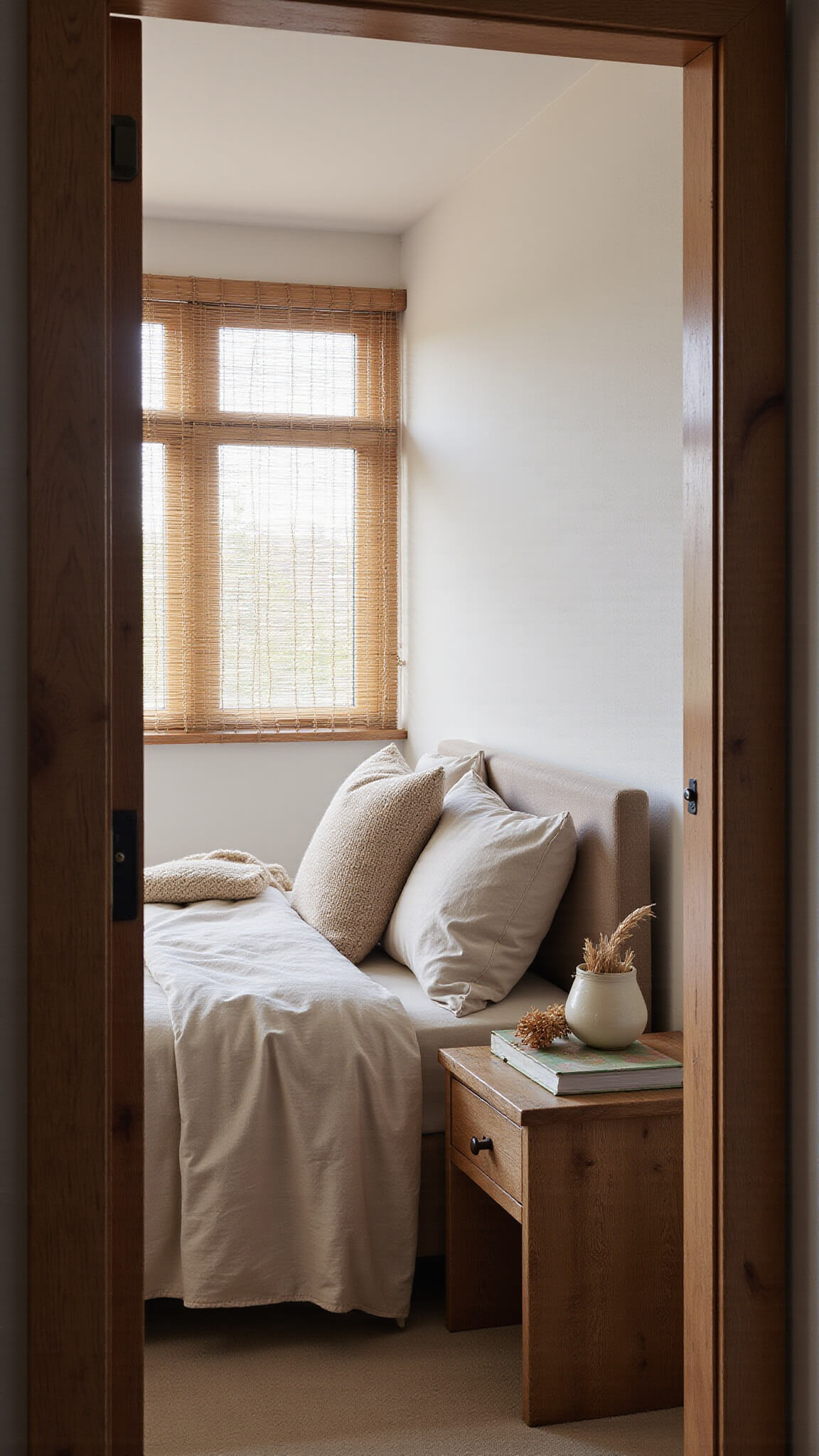 Cozy 10x12ft bedroom at dawn with unmade oatmeal-toned linen bed, cream wool throw, morning light through bamboo blinds, and a rustic oak nightstand holding dried pampas in a ceramic vase.