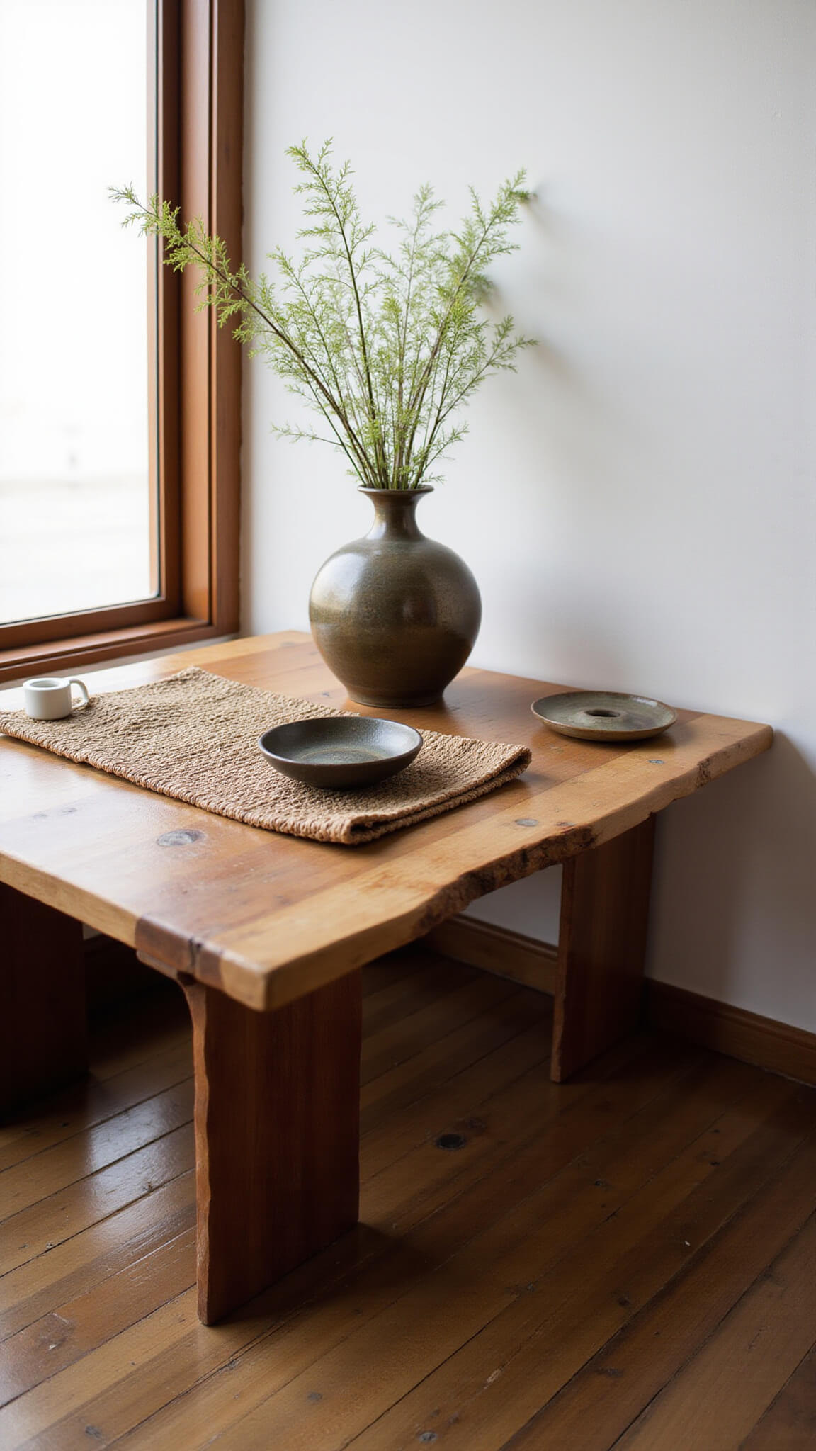 Floor-level view of a minimalist 6x8ft tea room corner with a reclaimed cedar low table, handwoven rush mat, simple pottery tea set, bronze vase with ikebana, in afternoon light and natural earthy tones.