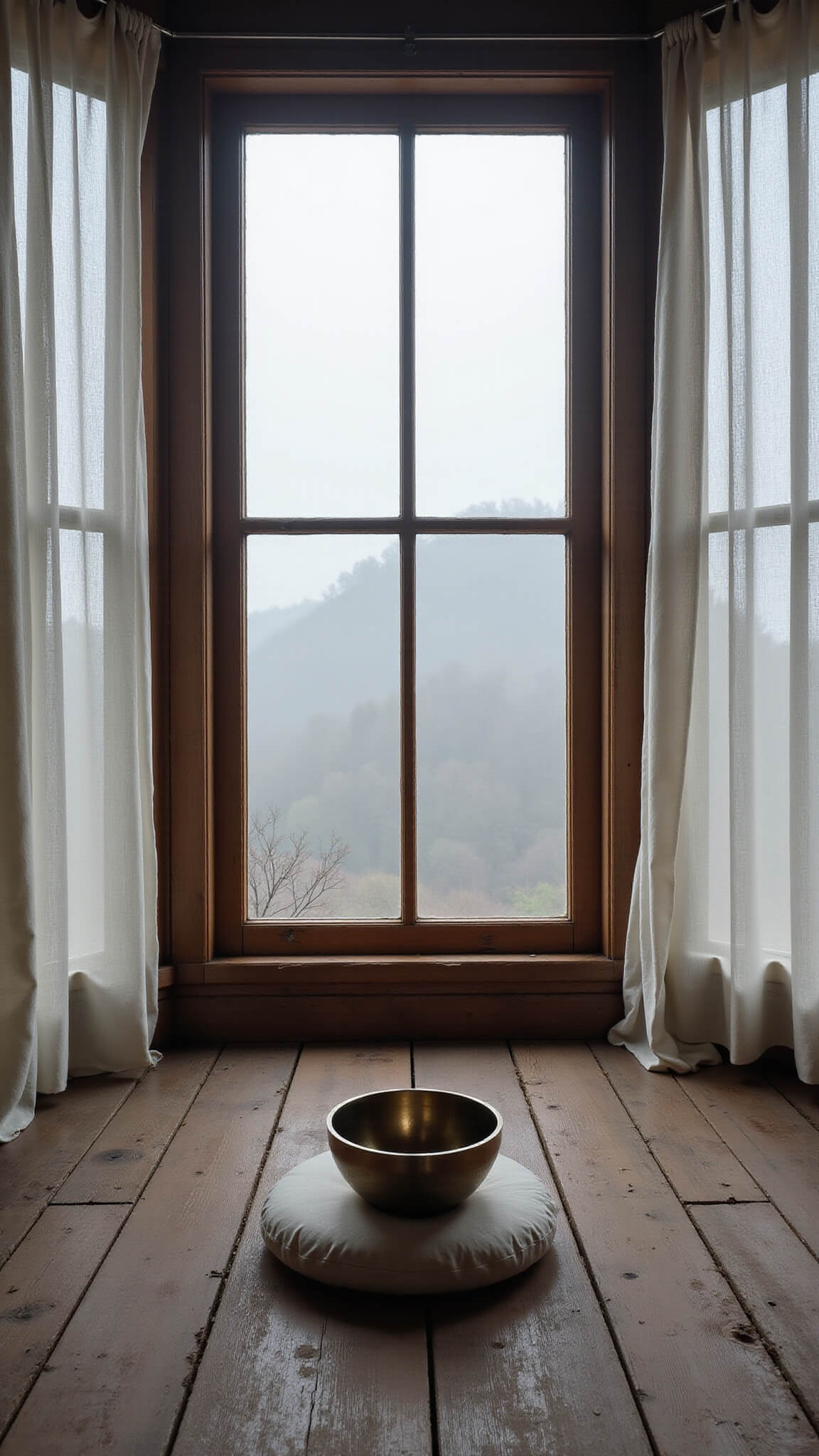 Meditation corner with floor-to-ceiling windows, sheer curtains flowing in morning mist, single silk zafu on aged wood floor, and copper singing bowl glowing in dawn light.