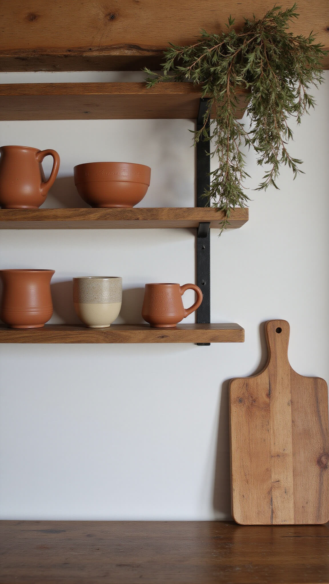 Rustic 10x12ft kitchen with open reclaimed wood shelves displaying handmade earth-toned pottery, worn wooden cutting board with knife marks, and dried herbs hanging from beam casting shadows in afternoon light.