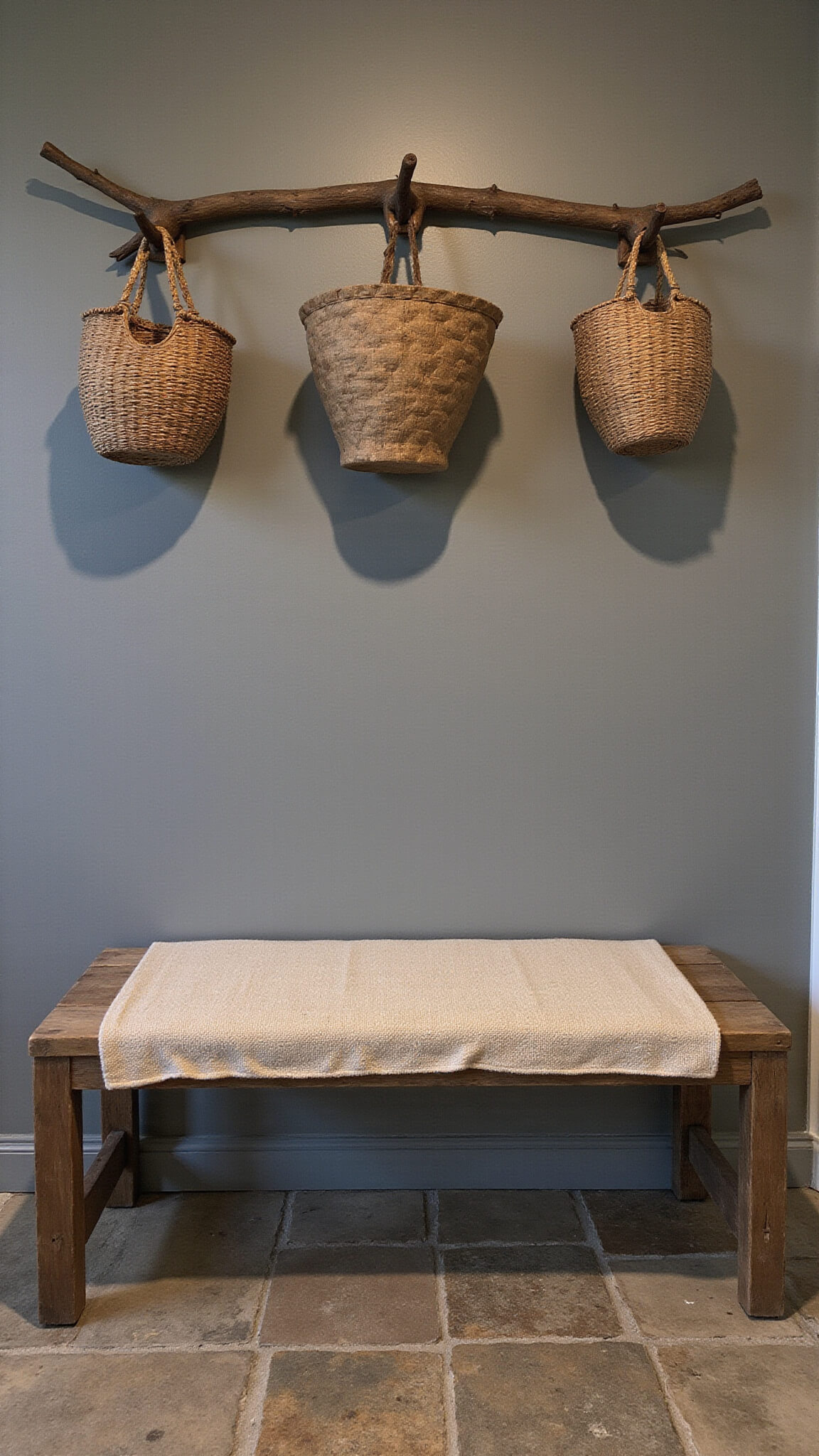 Twilight view of a tranquil 5x7ft entryway with a weathered wooden bench draped in natural wool textile, foraged branch hooks holding handwoven baskets, and a well-worn stone floor in tones of grey, brown, and natural hemp.