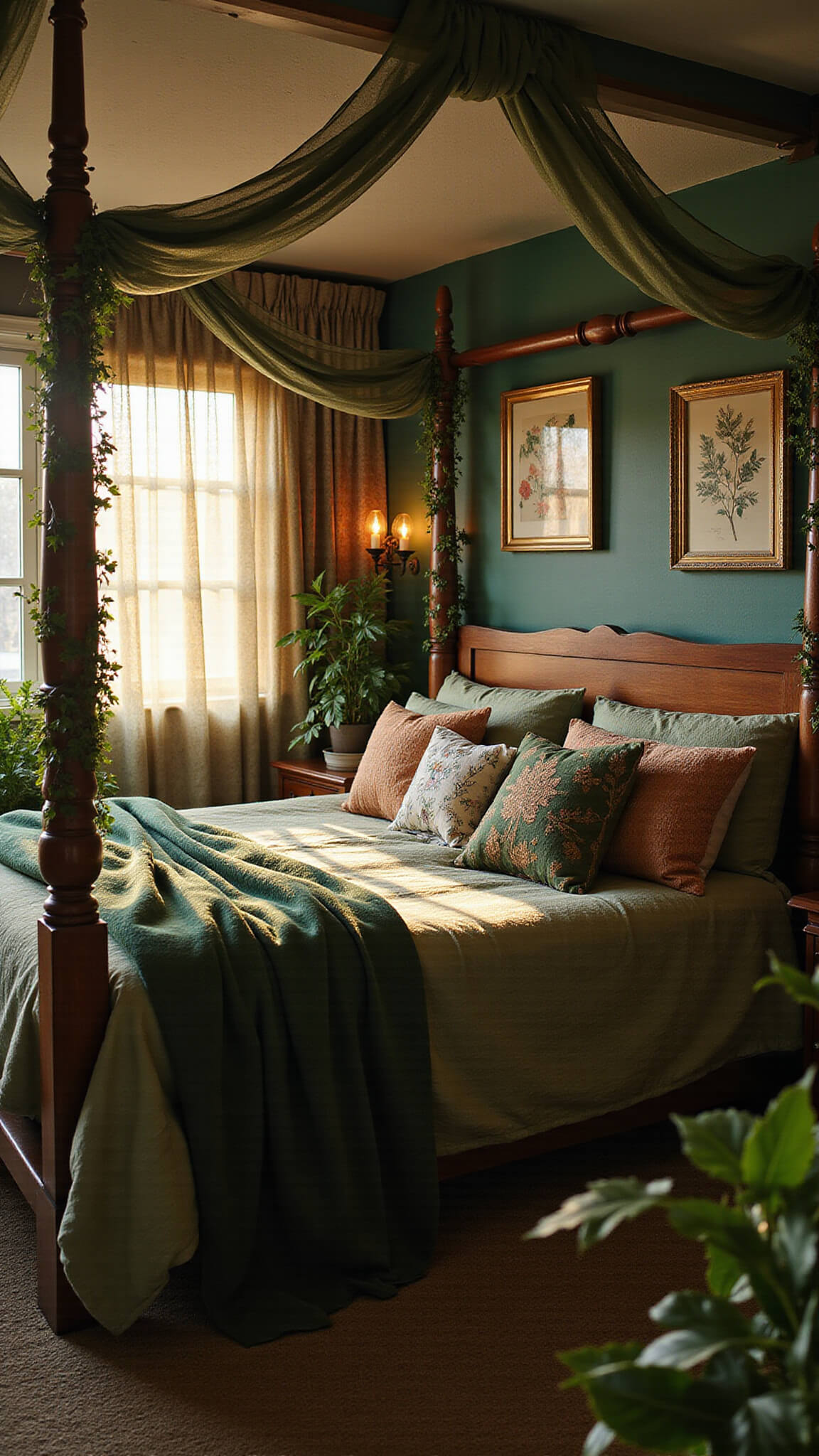 Enchanted forest-themed bedroom with canopy bed, emerald accent wall, and golden hour lighting.