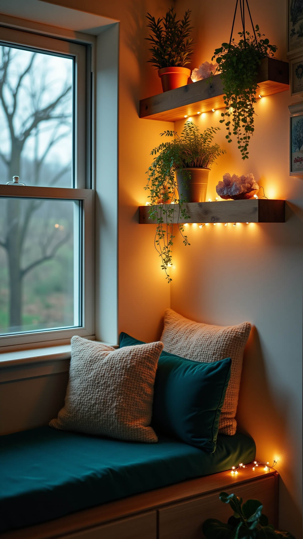 Cozy bedroom reading nook at dusk with green velvet cushions, jute pillows, trailing plants, fairy lights, and rustic shelves with crystals and botanical art.