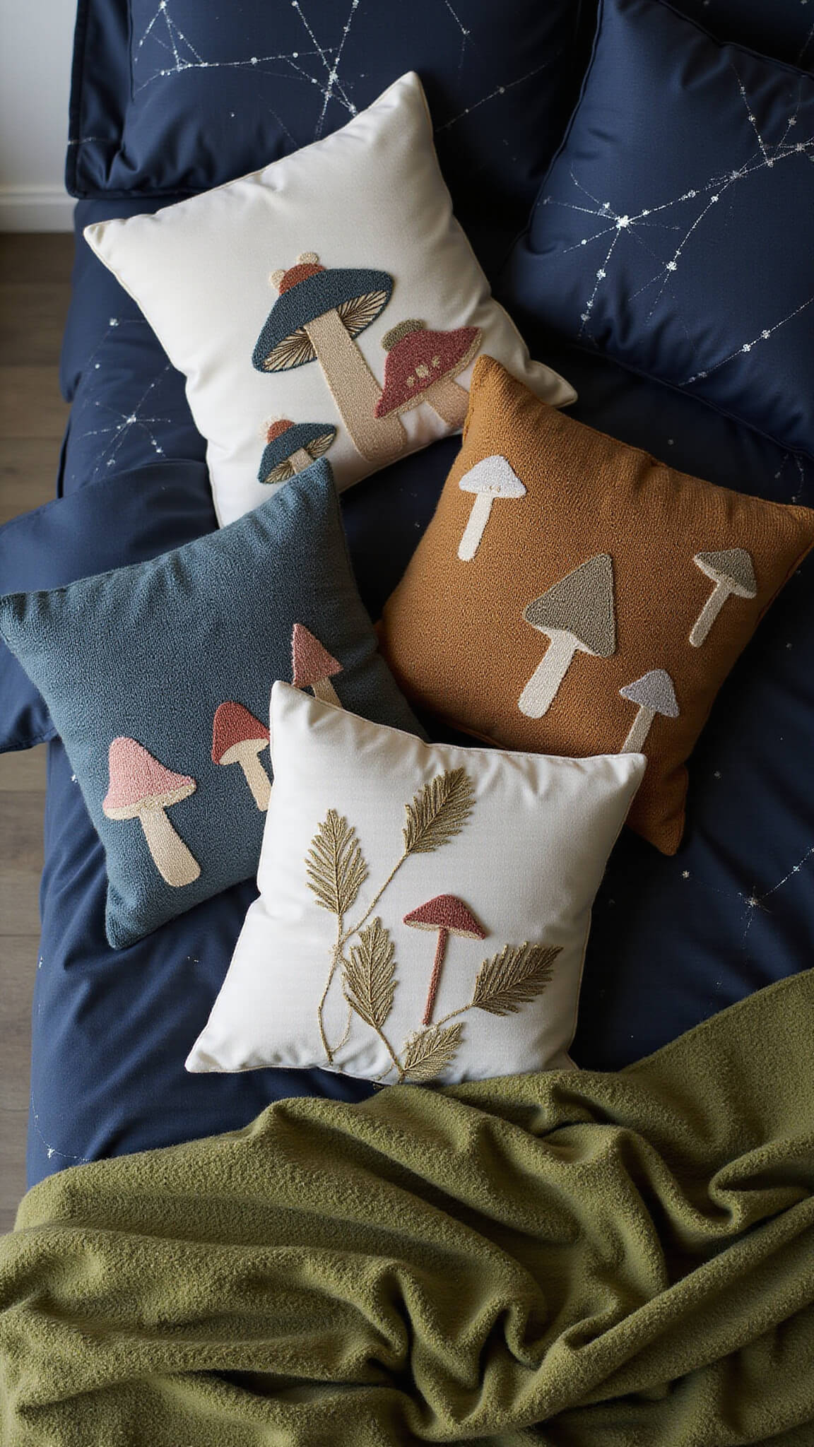 Overhead view of enchanted forest-themed bedding with navy constellation duvet, moss green throw, and textured pillows in nature-inspired designs.