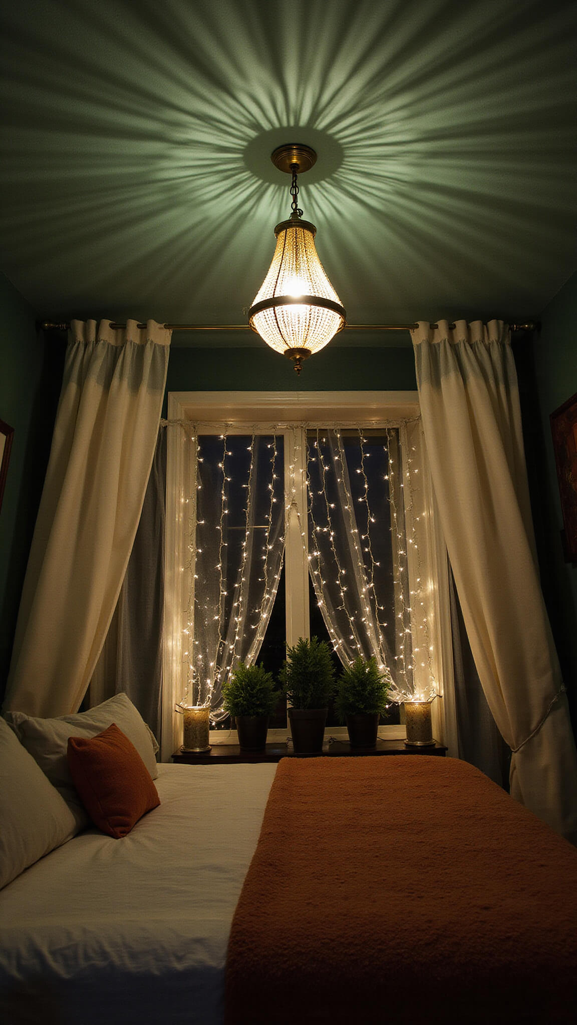 Twilight wide-angle view of a bedroom with forest-inspired ambient lighting, featuring a brass chandelier casting canopy-like shadows, uplit potted trees, and twinkle lights in sheer curtains.