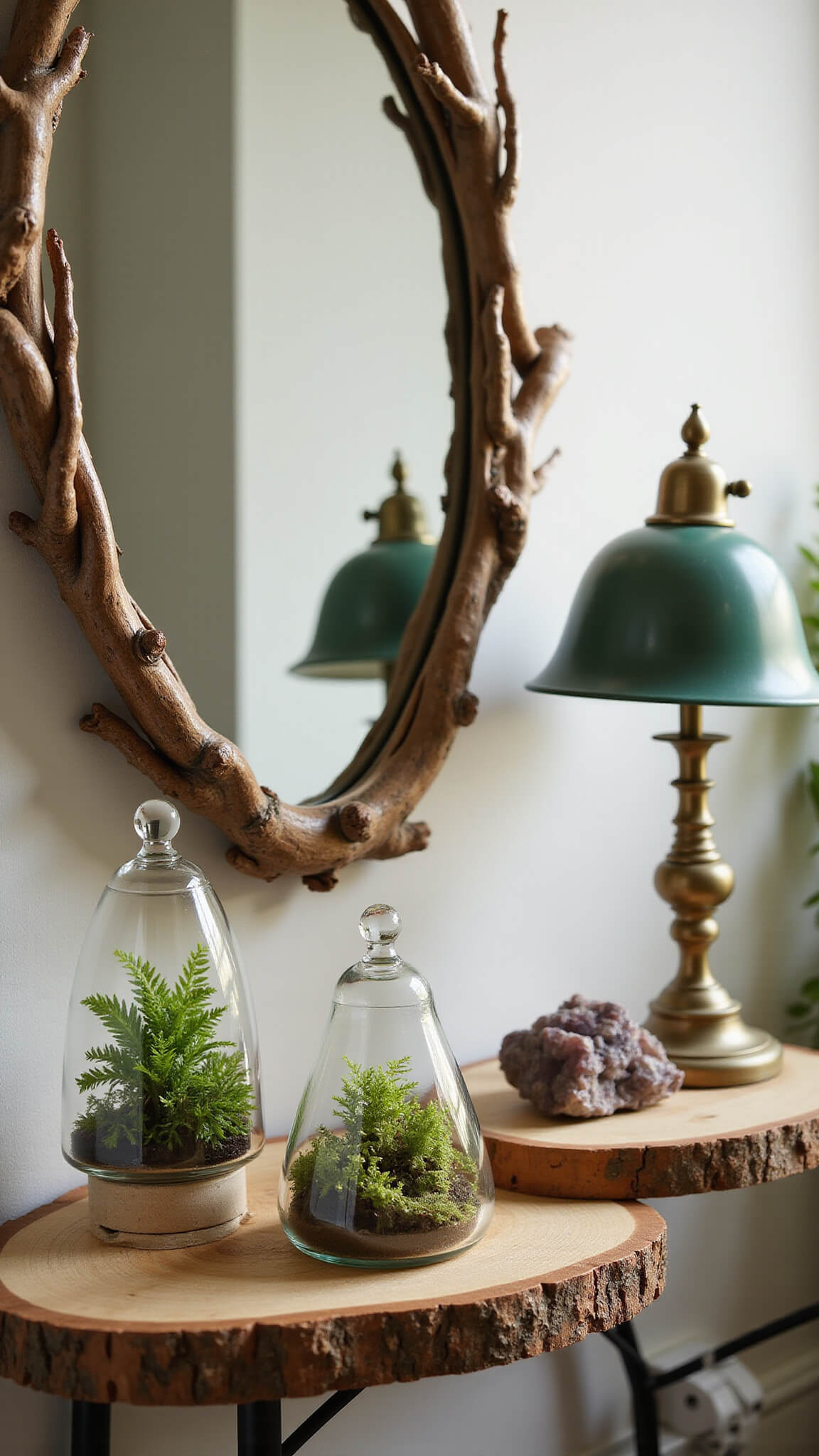 Nature-inspired vanity with oval branch-framed mirror, terrariums of moss and ferns, brass lamp, crystals on raw wood shelf, and morning dew detail.