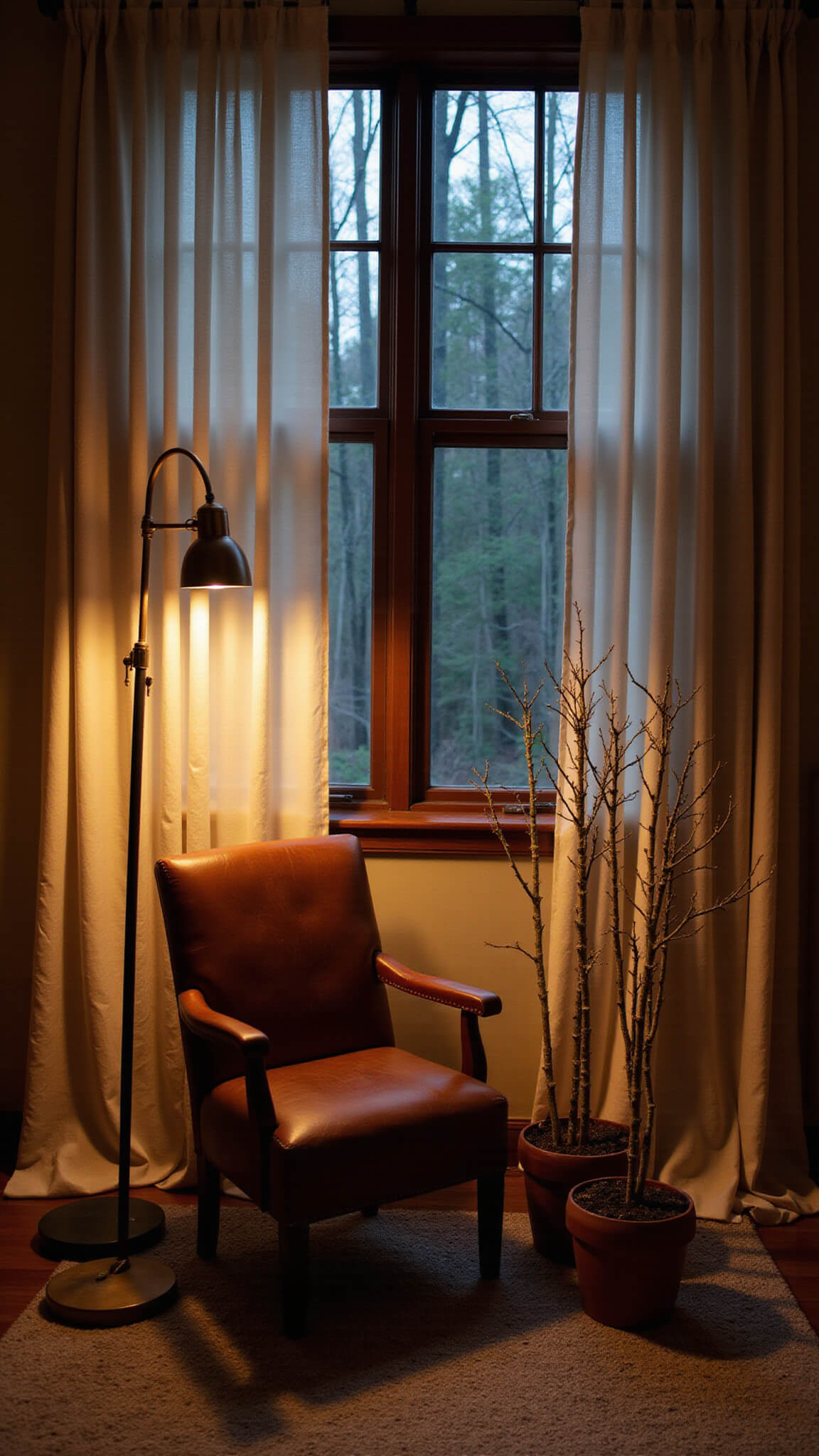 Dramatic dusk-lit reading nook with vintage leather chair, forest-toned sheer curtains, birch saplings, and copper lamp.