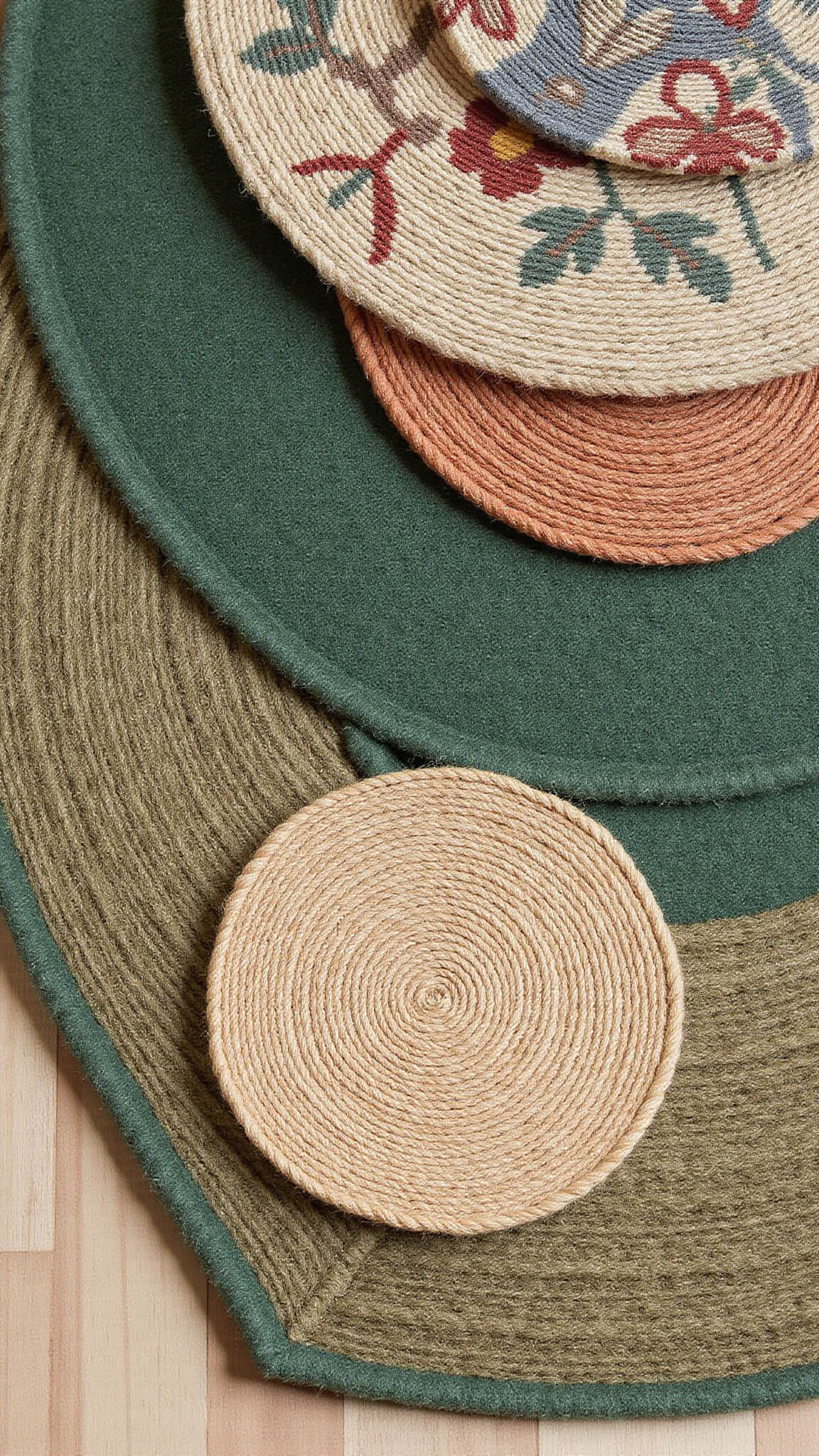 Layered forest-inspired area rug setup with deep green wool base, vintage botanical kilim, and circular jute rugs resembling tree rings, lit by natural afternoon light.