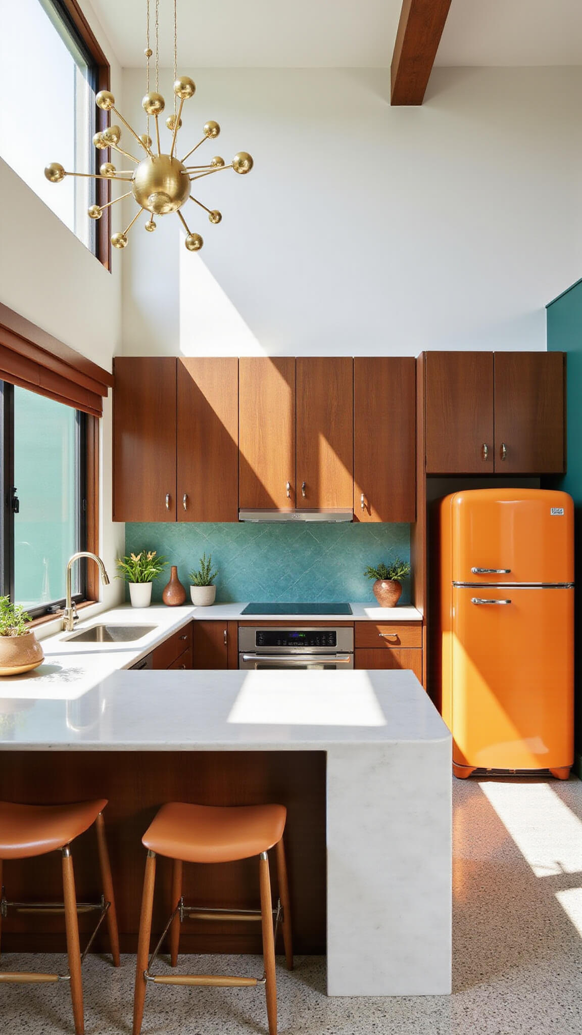 Sunlit Mid Century Modern kitchen with walnut cabinets, white quartz island, orange Smeg fridge, terrazzo floors, Eames bar stools, and floor-to-ceiling windows.