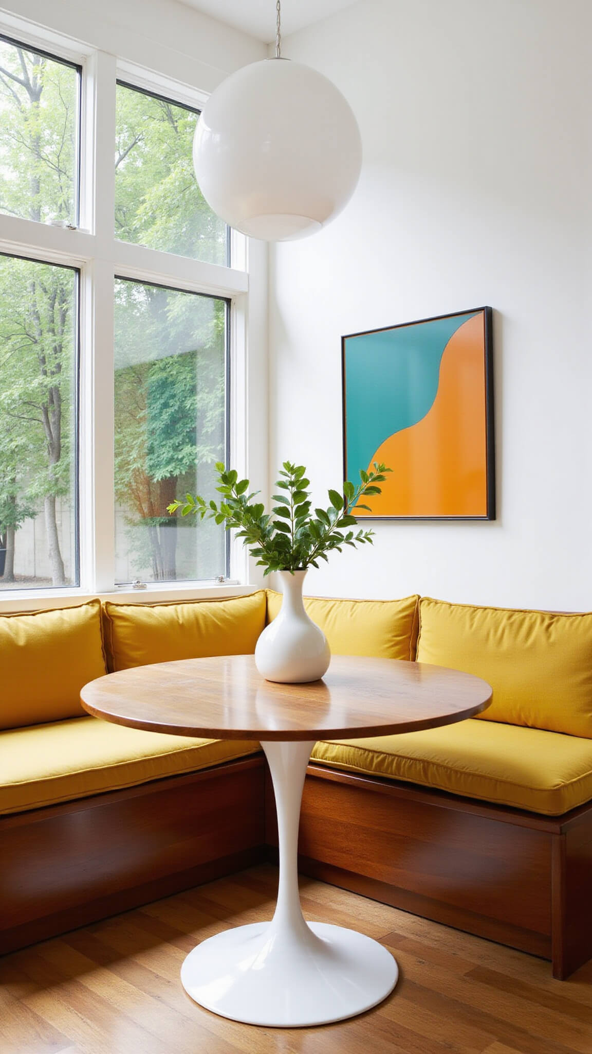 Mid-century modern breakfast nook with walnut banquette, mustard cushions, tulip table, and bubble pendant, bathed in afternoon light from large windows.