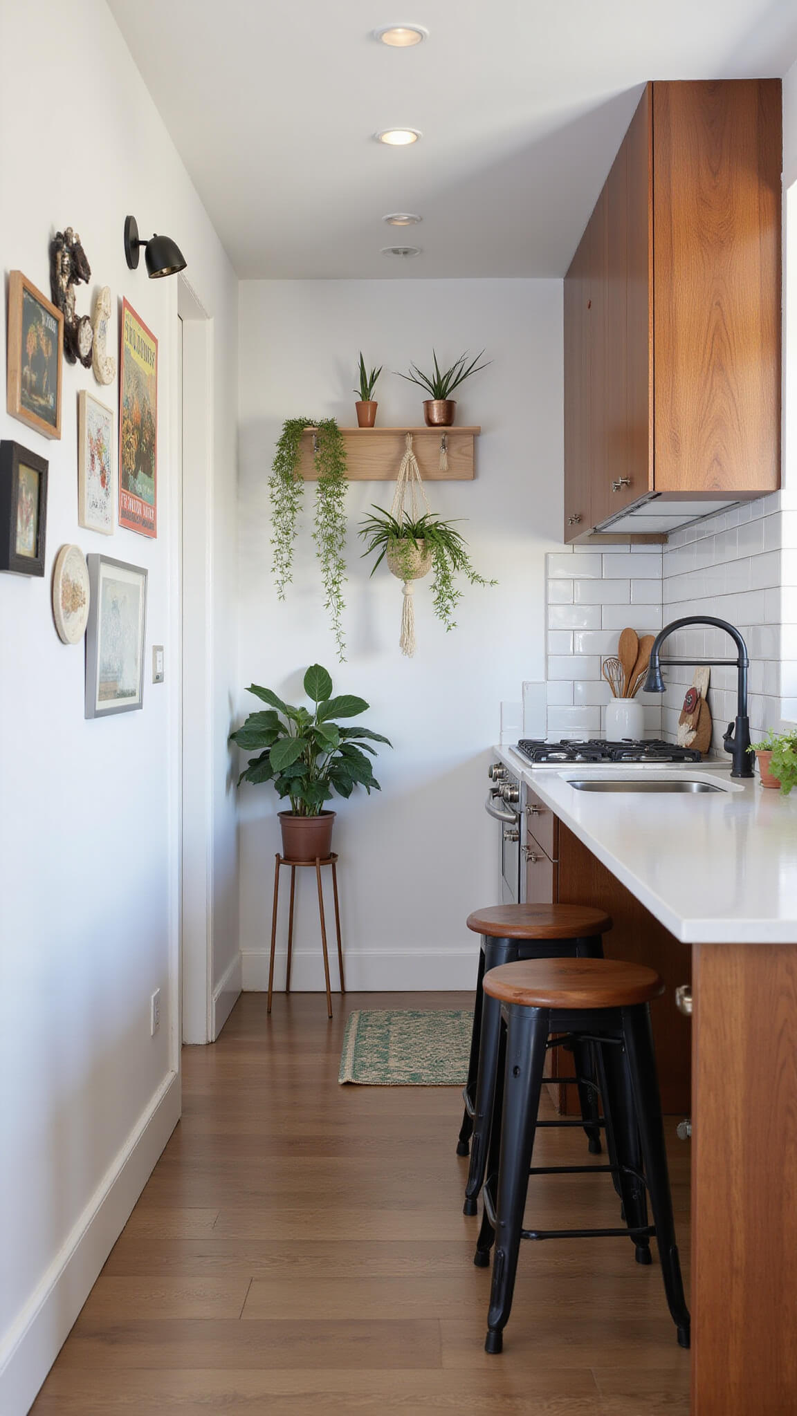 Galley kitchen with walnut cabinets, white subway tile backsplash, black counter stools, and vintage travel posters on feature wall, viewed from above.