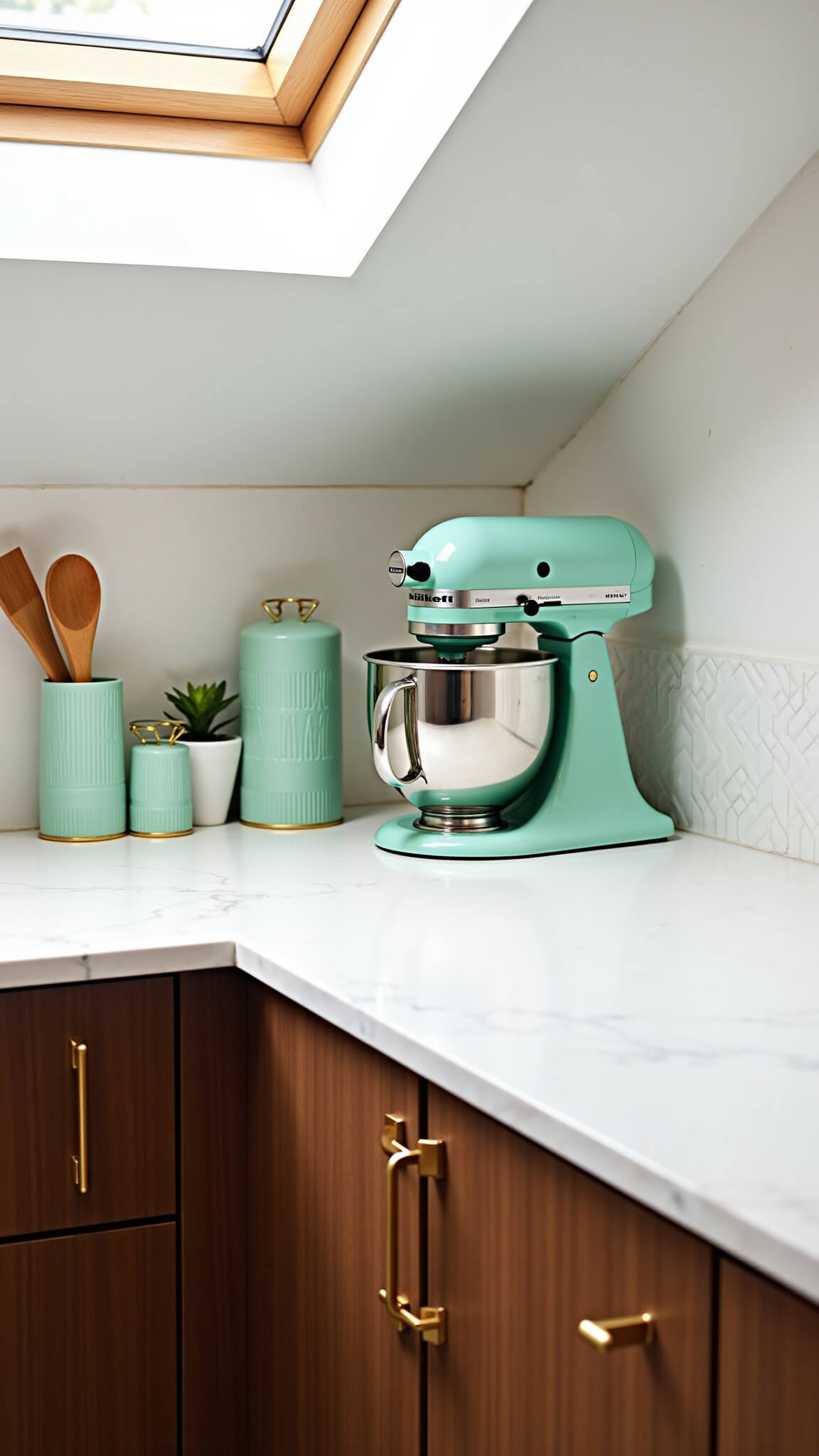 Mint green stand mixer on white quartz counter with walnut cabinets, brass hardware, and geometric tile accent, styled with mint and gold canisters, wooden utensils, and a potted succulent in natural skylight.