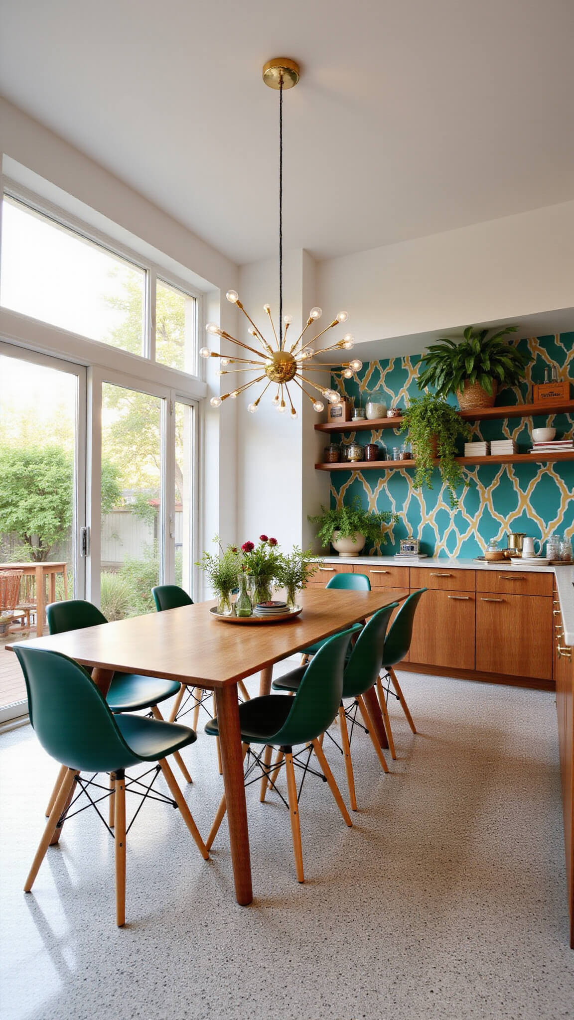 Wide-angle view of modern open-concept kitchen and dining area at golden hour with forest green Eames chairs, walnut table, terrazzo flooring, Sputnik chandelier, bold geometric accent wall, floor-to-ceiling garden-facing windows, vintage bar cart, statement plants, and styled open shelving.