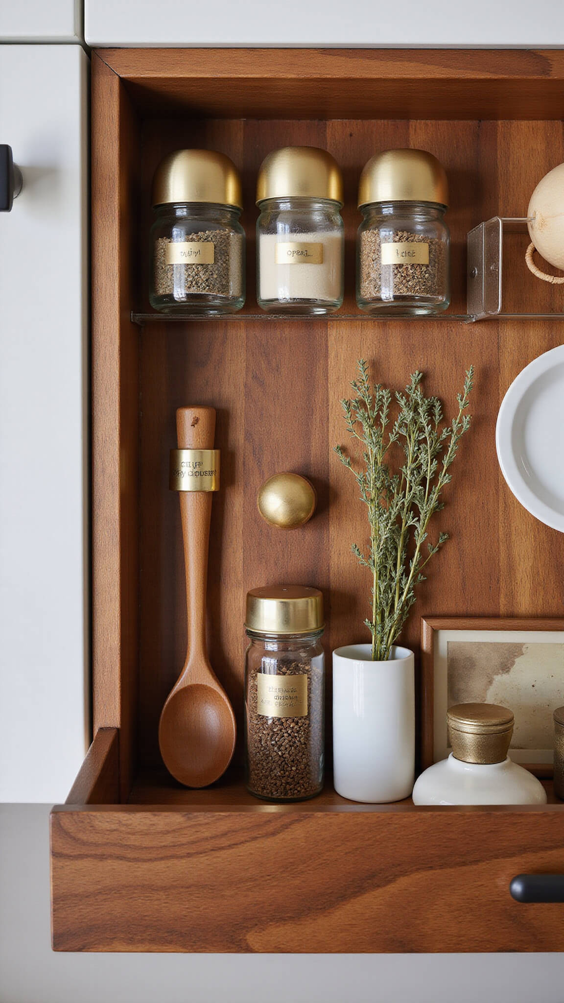 Macro shot of organized walnut spice drawer with brass label holders, vintage spice jars, wooden spoons, and indoor herbs in natural overhead light.