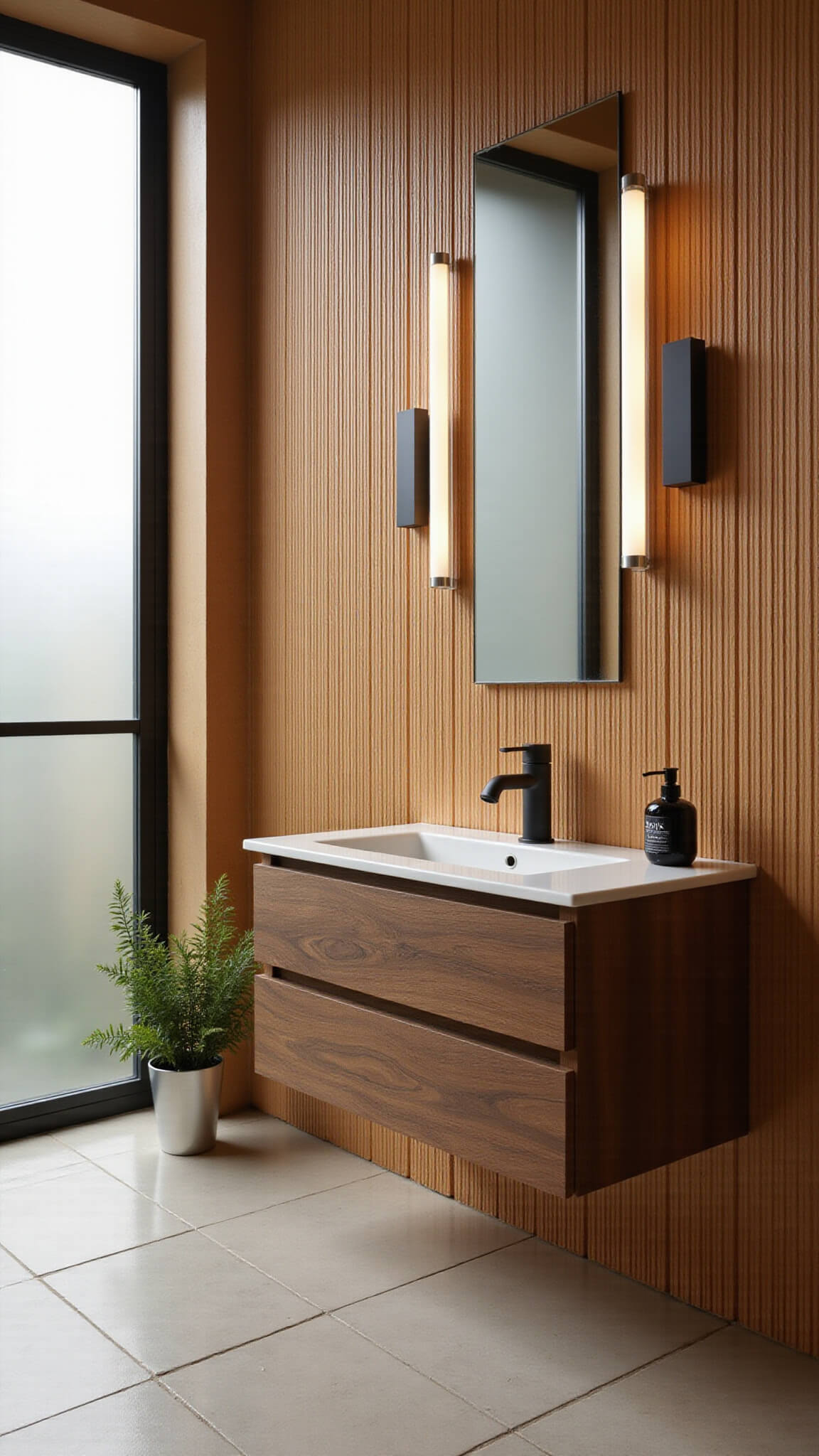 Luxurious 8x10ft bathroom with fluted honey-tone tiles, floating walnut vanity, matte black fixtures, and soft natural light highlighting vertical textures.