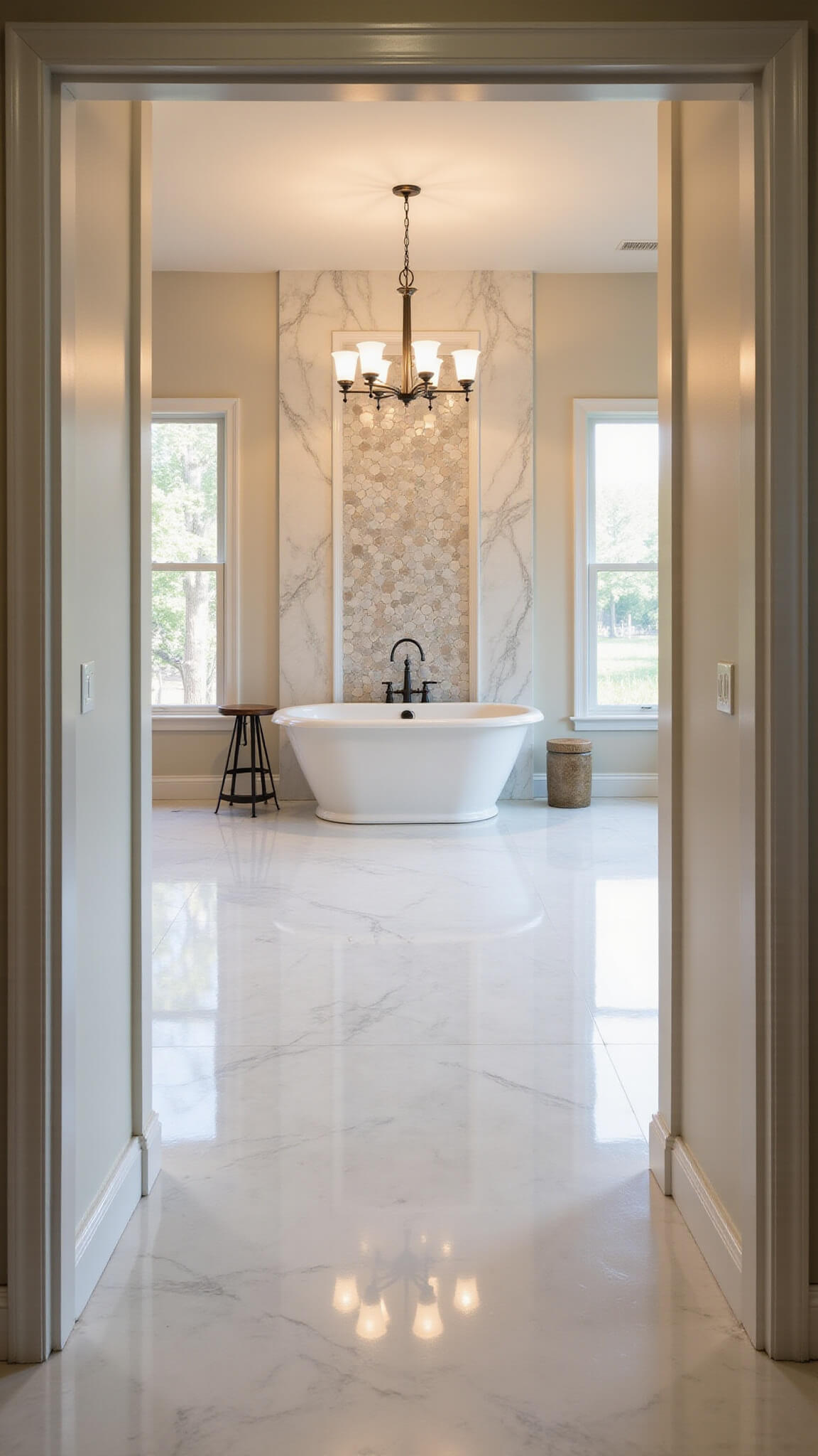 Spacious master bathroom with marble-look porcelain tiles, hexagonal Carrara mosaic shower wall, and freestanding tub under chandelier, lit by golden hour sunlight.